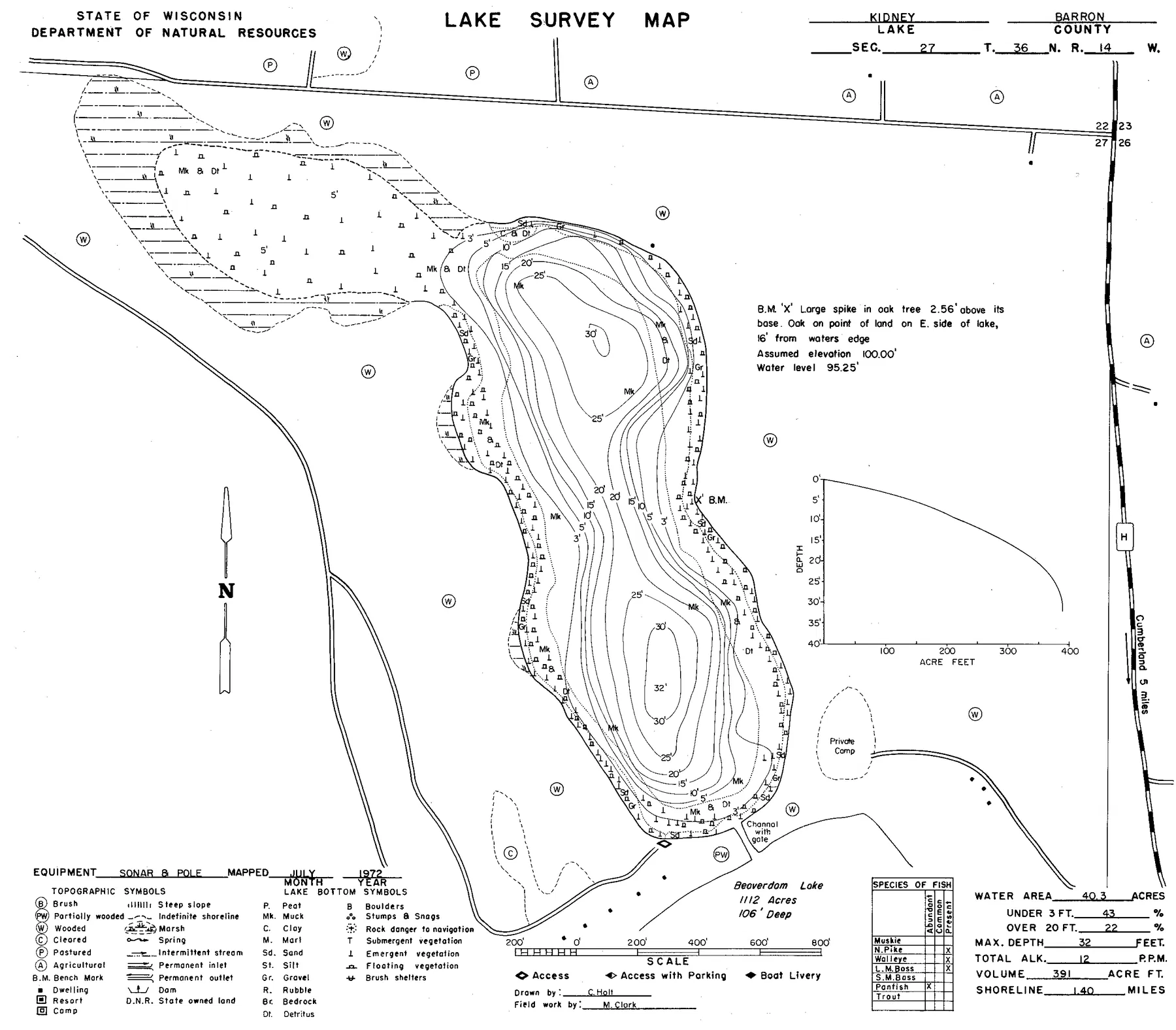 Kidney Lake historical Wisconsin DNR depth map sheet 1