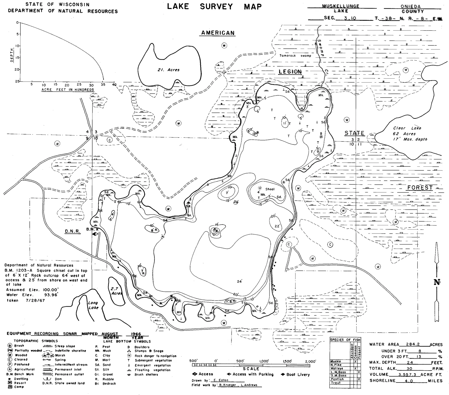 Muskellunge Lake historical Wisconsin DNR depth map sheet 1