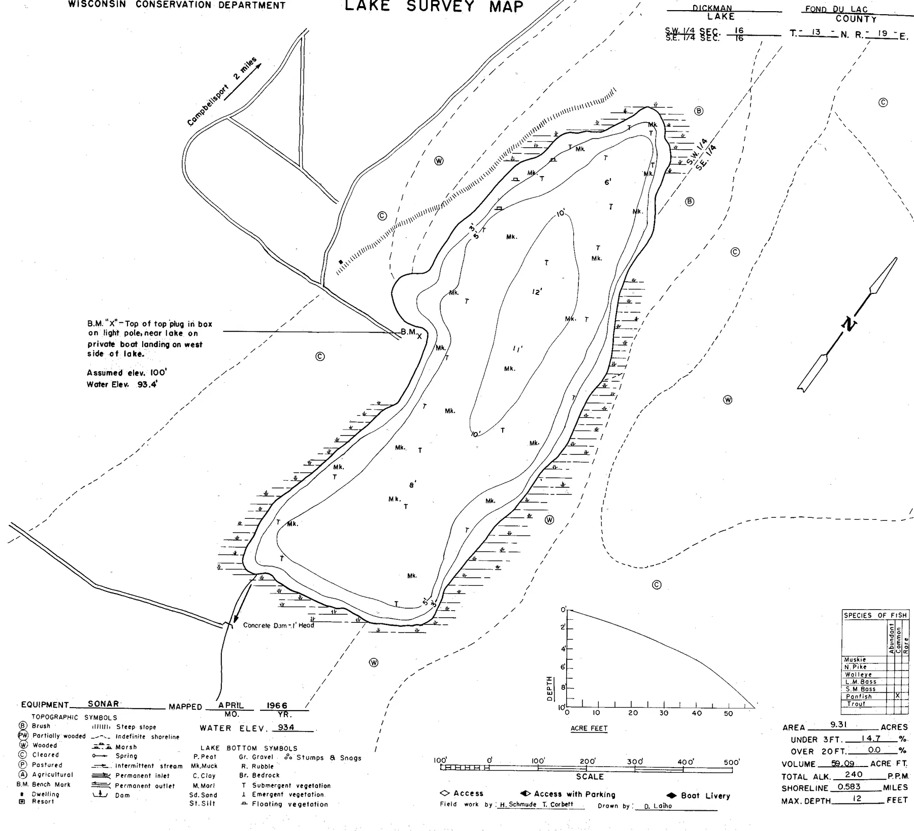Dickman Lake historical Wisconsin DNR depth map sheet 1