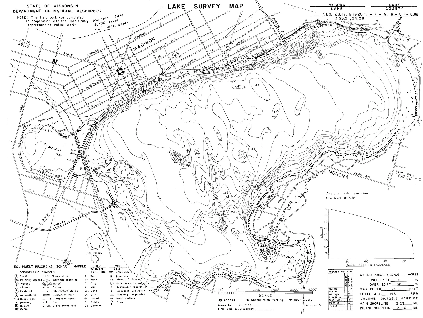 Lake Monona historical Wisconsin DNR depth map sheet 1