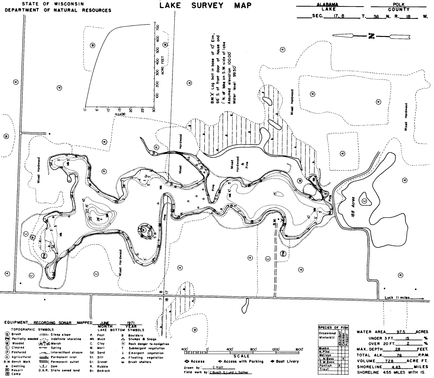 Alabama Lake historical Wisconsin DNR depth map sheet 1