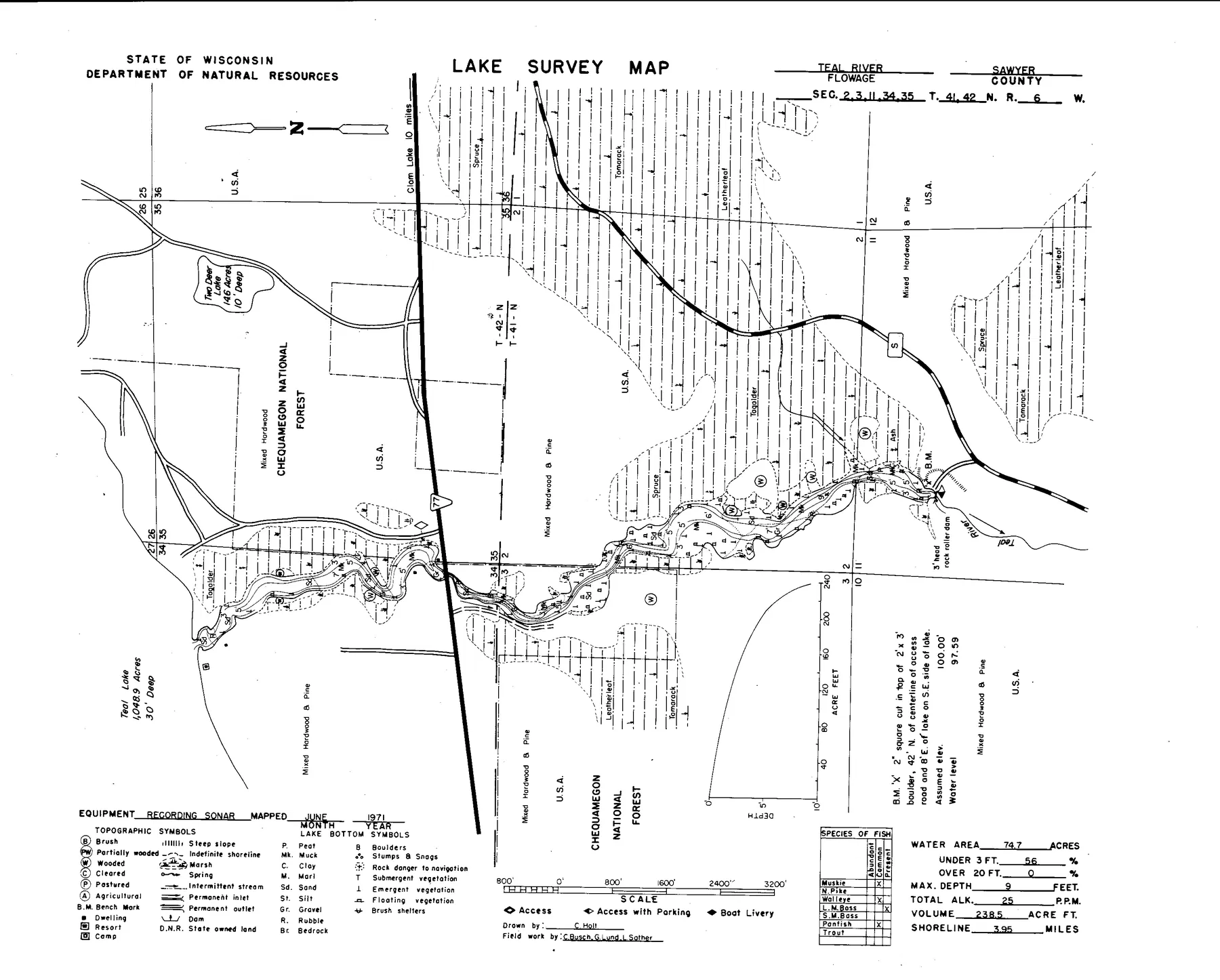Teal River Flowage historical Wisconsin DNR depth map sheet 1