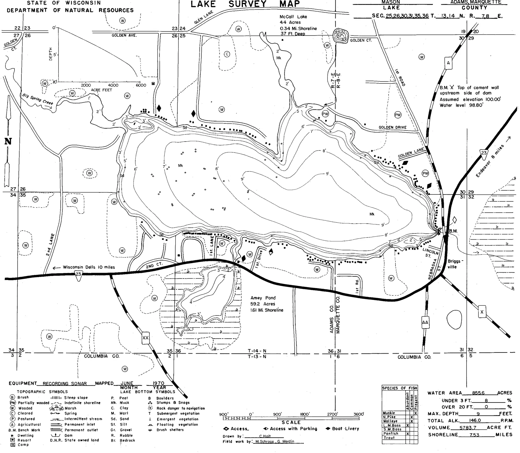 Mason Lake historical Wisconsin DNR depth map sheet 1