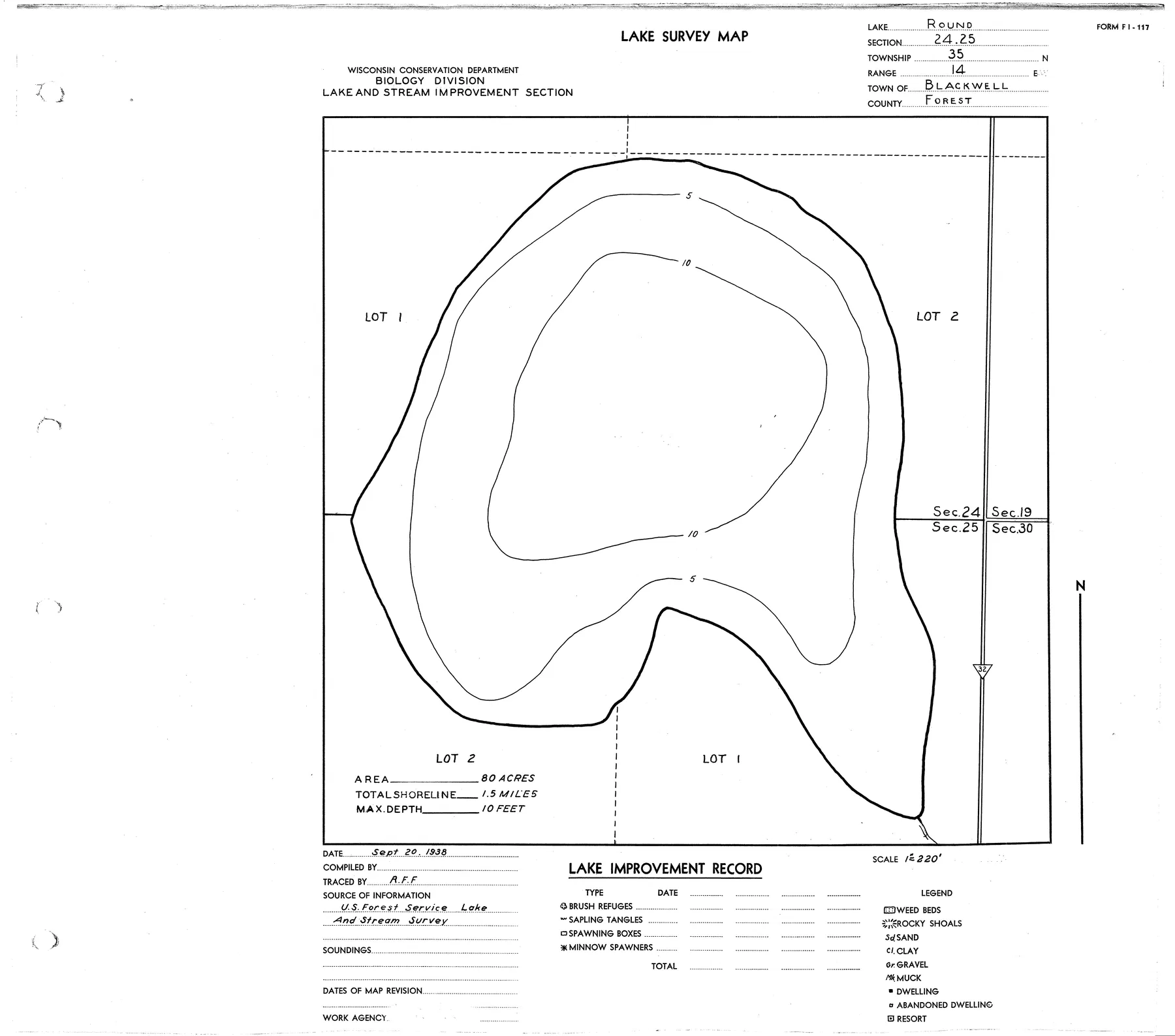 Round Lake historical Wisconsin DNR depth map sheet 1