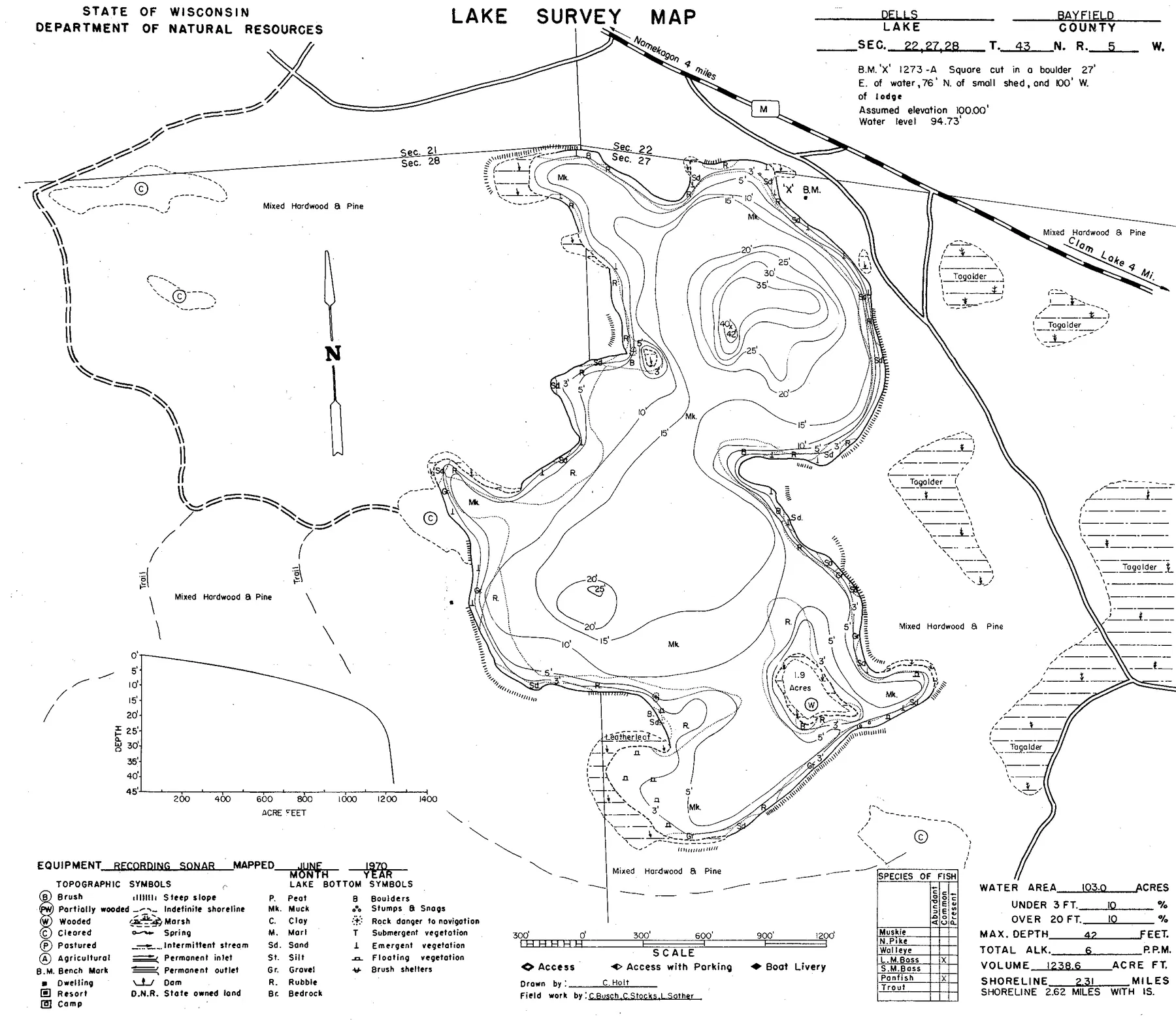 Dells Lake historical Wisconsin DNR depth map sheet 1