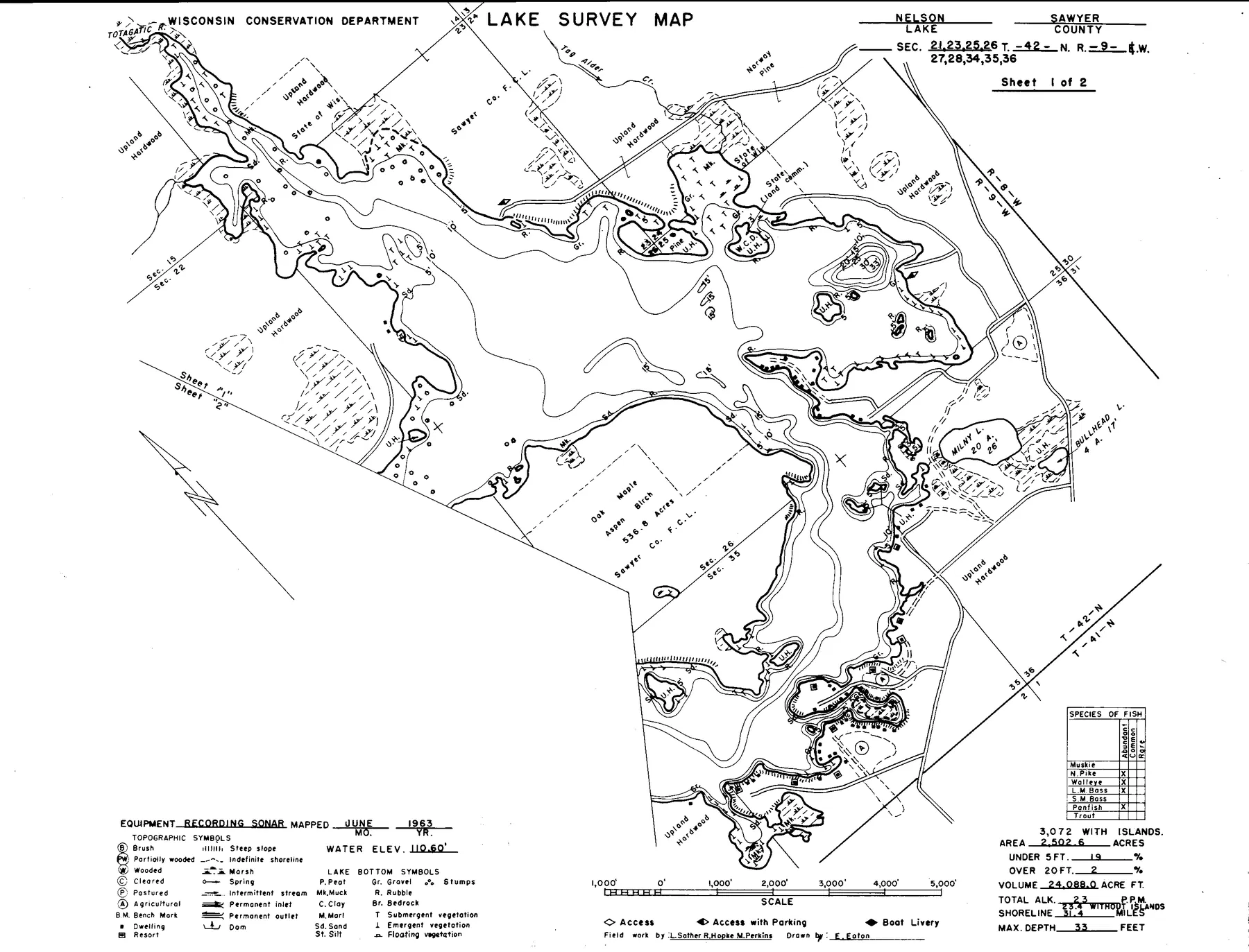 Nelson Lake historical Wisconsin DNR depth map sheet 1