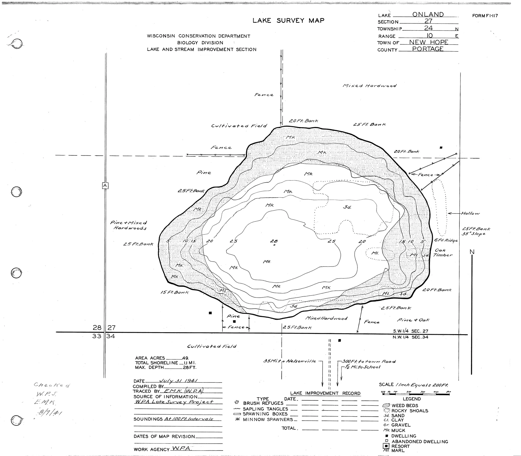 Onland Lake historical Wisconsin DNR depth map sheet 1