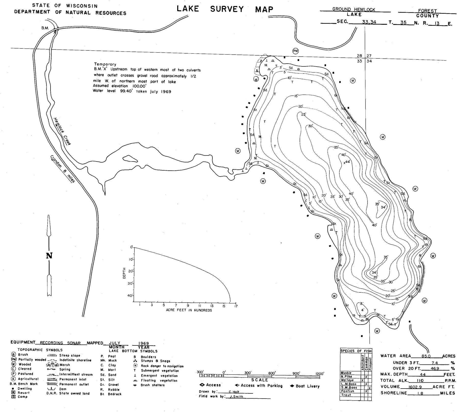 Ground Hemlock Lake historical Wisconsin DNR depth map sheet 1