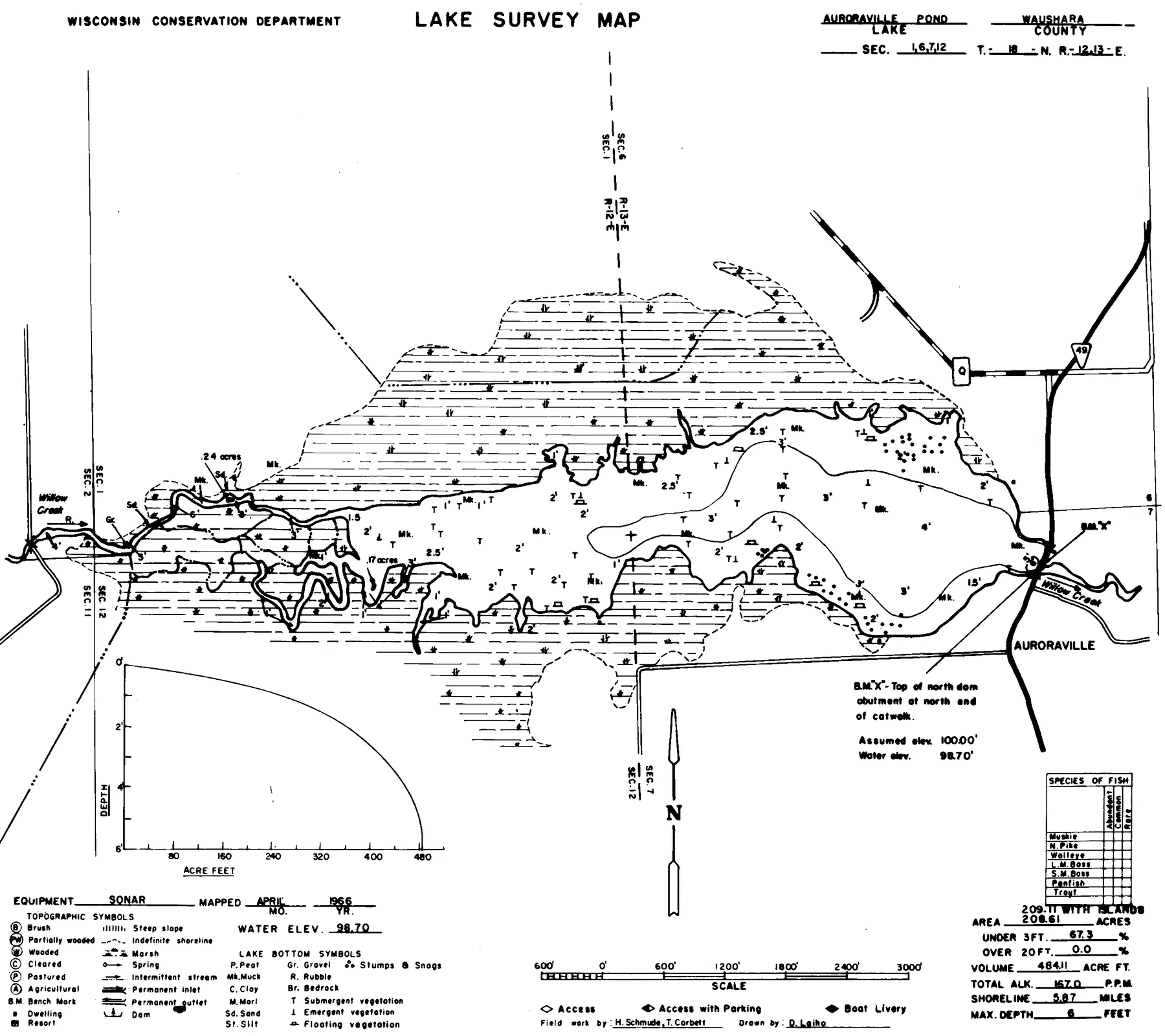Auroraville Millpond historical Wisconsin DNR depth map sheet 1