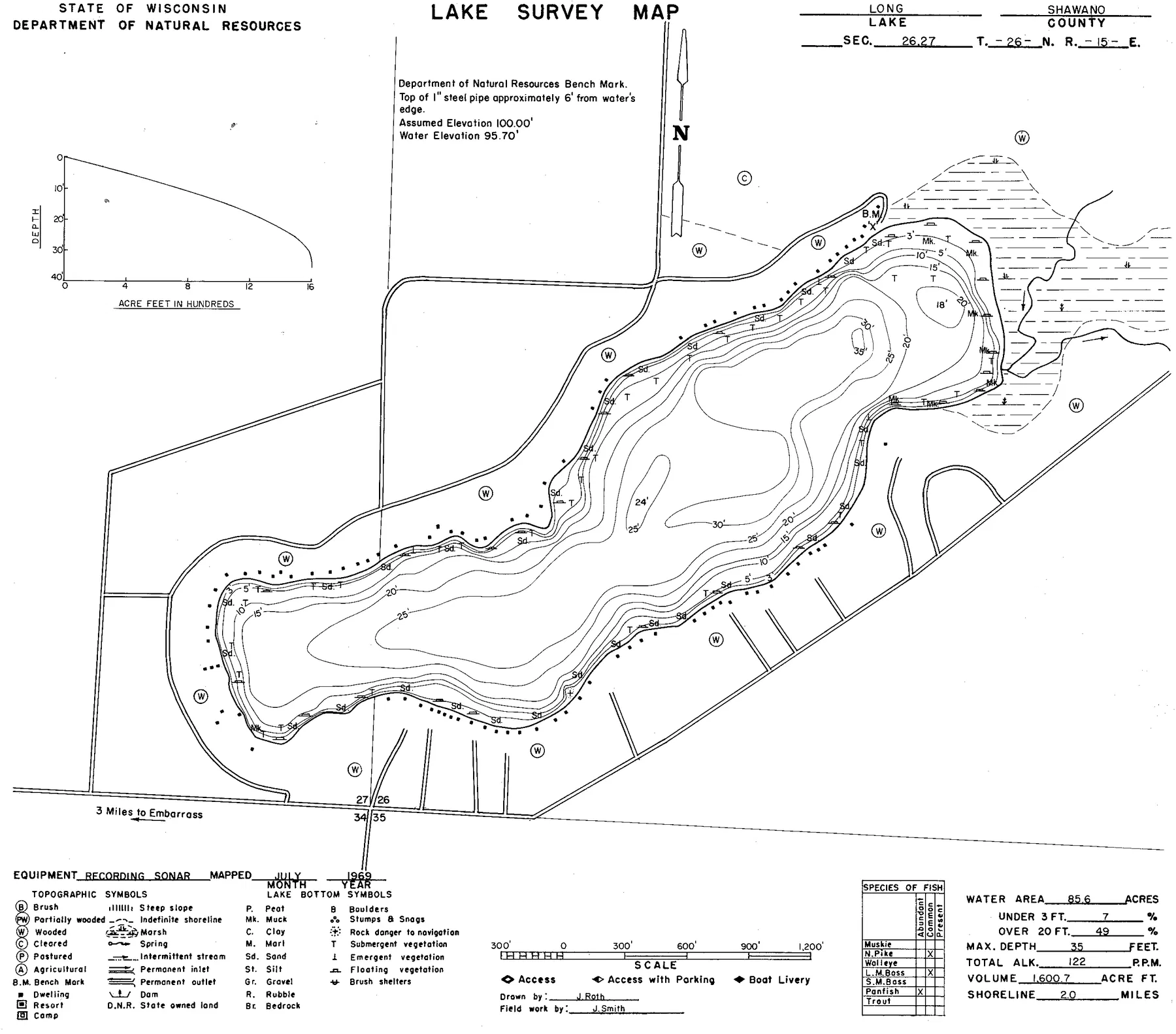 Long Lake historical Wisconsin DNR depth map sheet 1