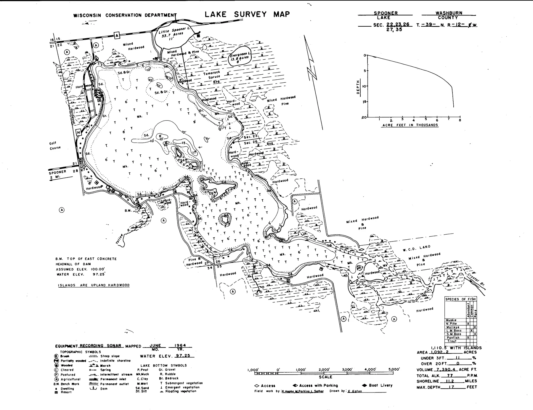 Spooner Lake historical Wisconsin DNR depth map sheet 1