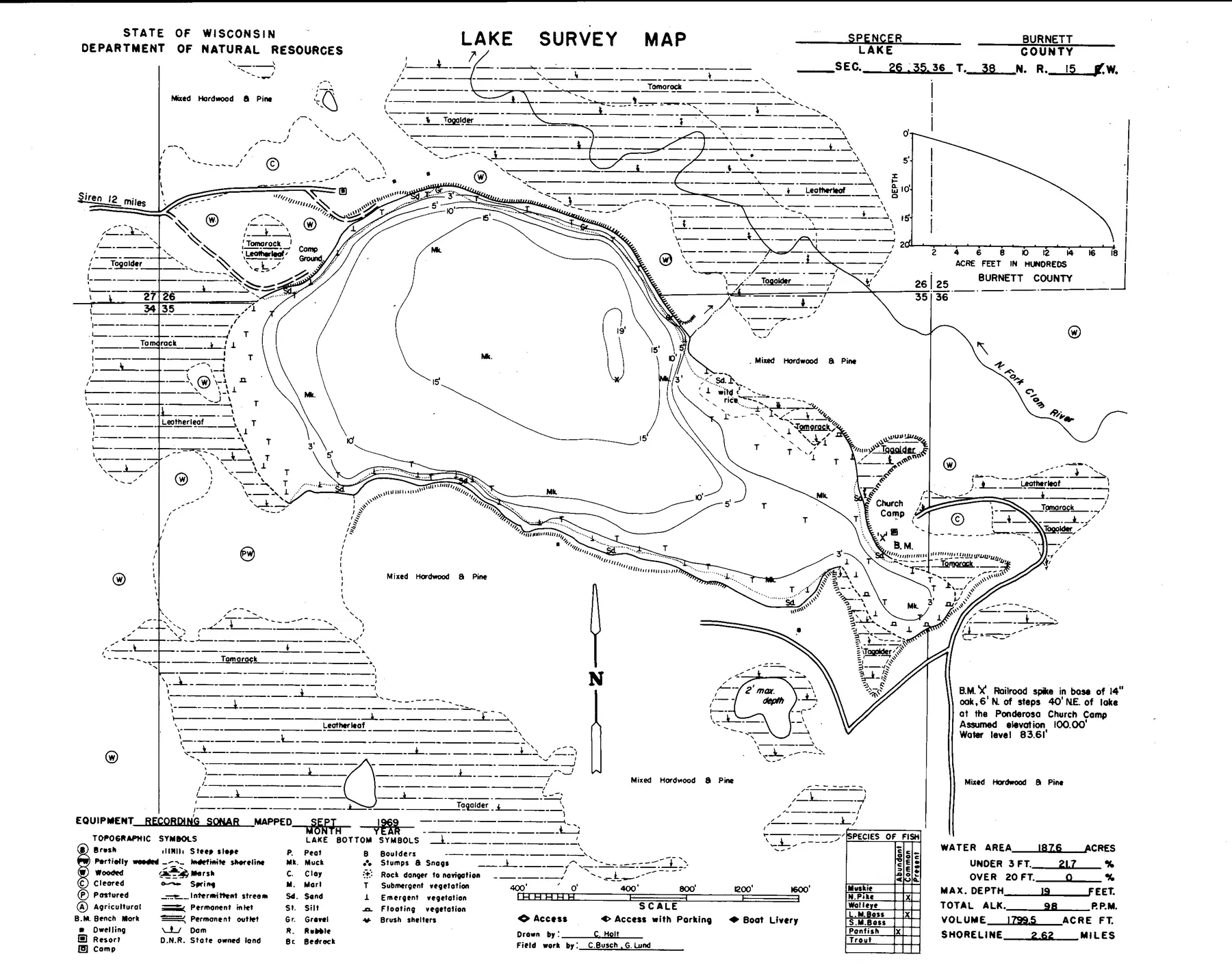 Spencer Lake historical Wisconsin DNR depth map sheet 1