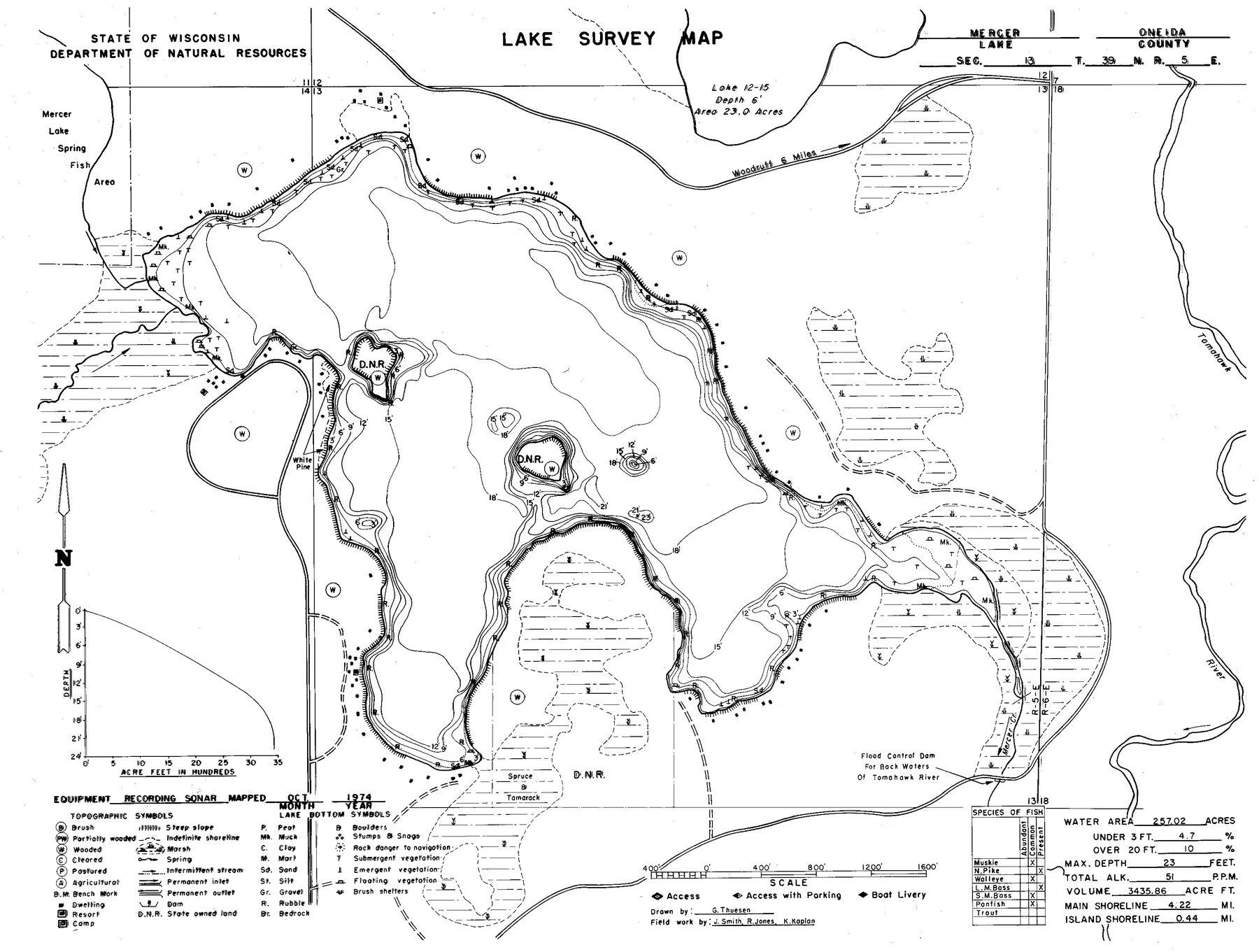 Mercer Lake historical Wisconsin DNR depth map sheet 1