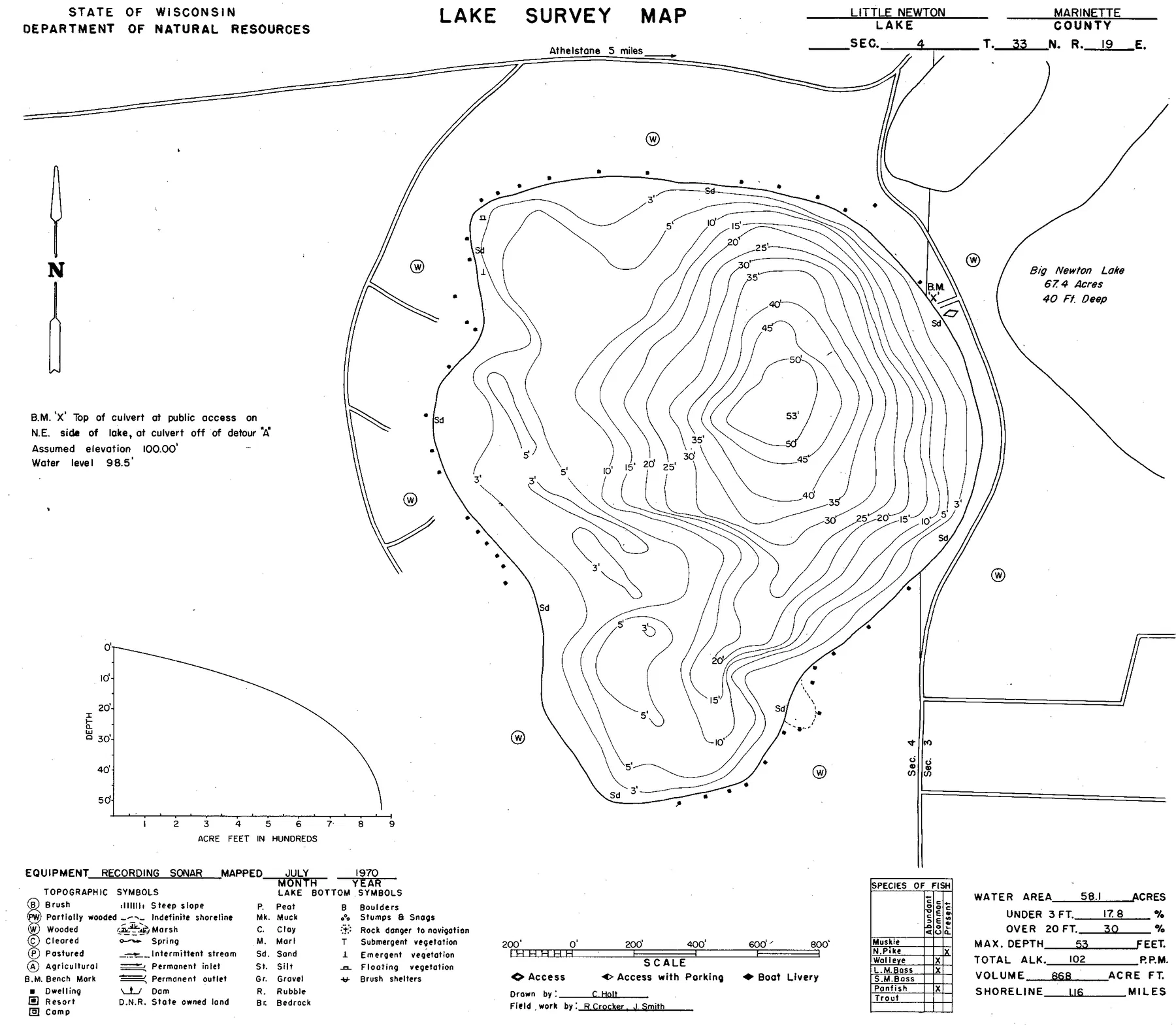 Little Newton Lake historical Wisconsin DNR depth map sheet 1