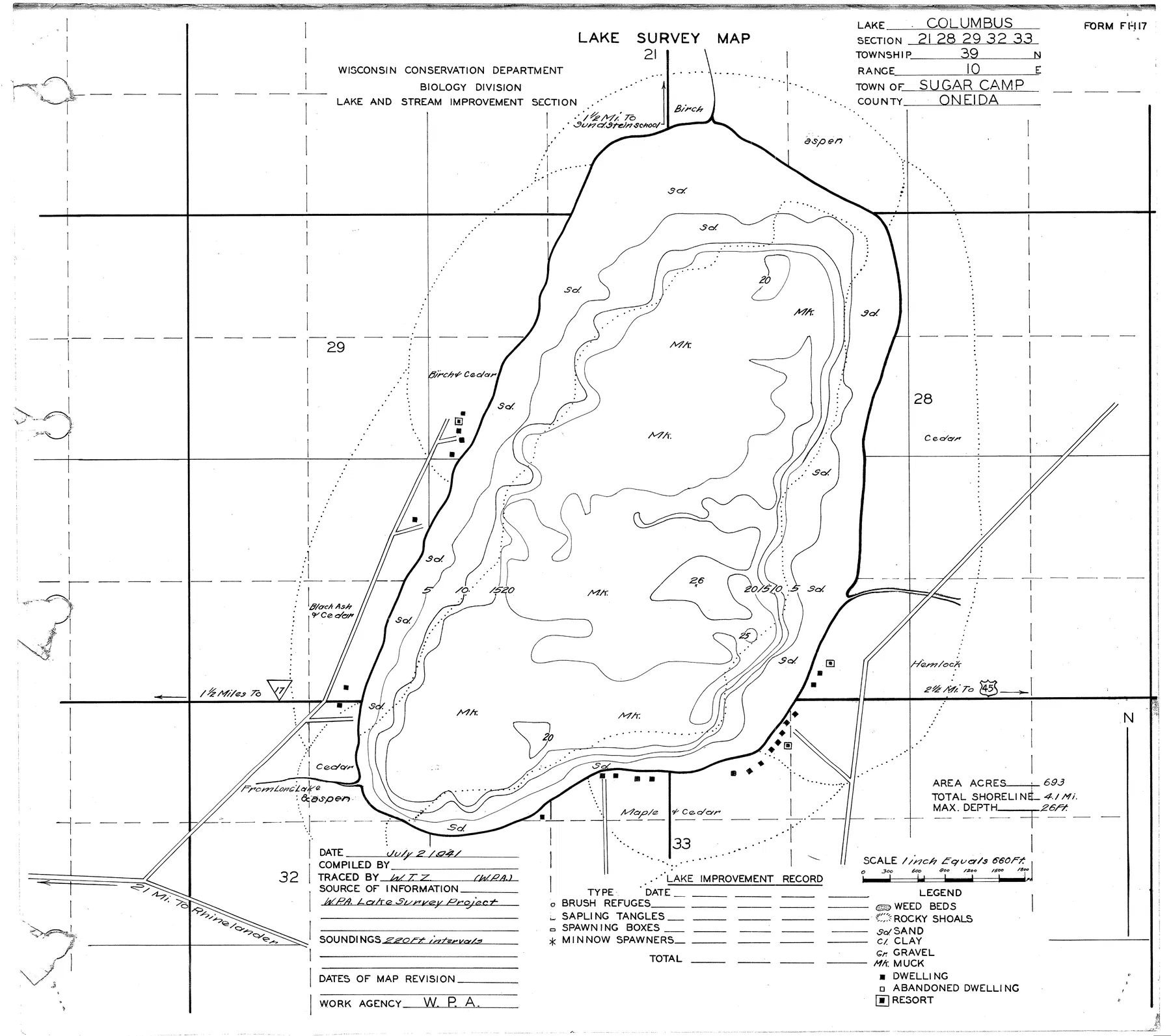 Columbus Lake historical Wisconsin DNR depth map sheet 1