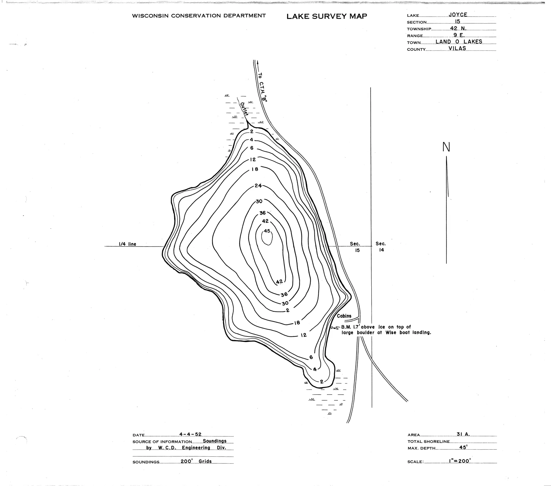 Joyce Lake historical Wisconsin DNR depth map sheet 1