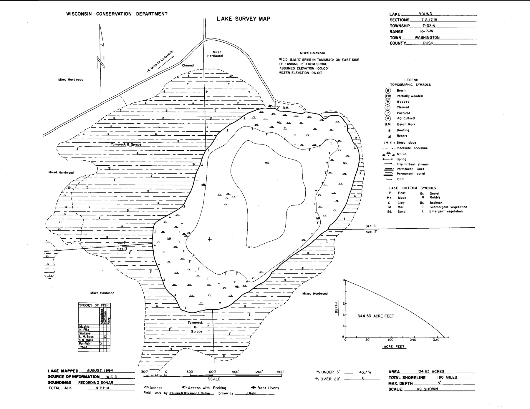 Round Lake historical Wisconsin DNR depth map sheet 1