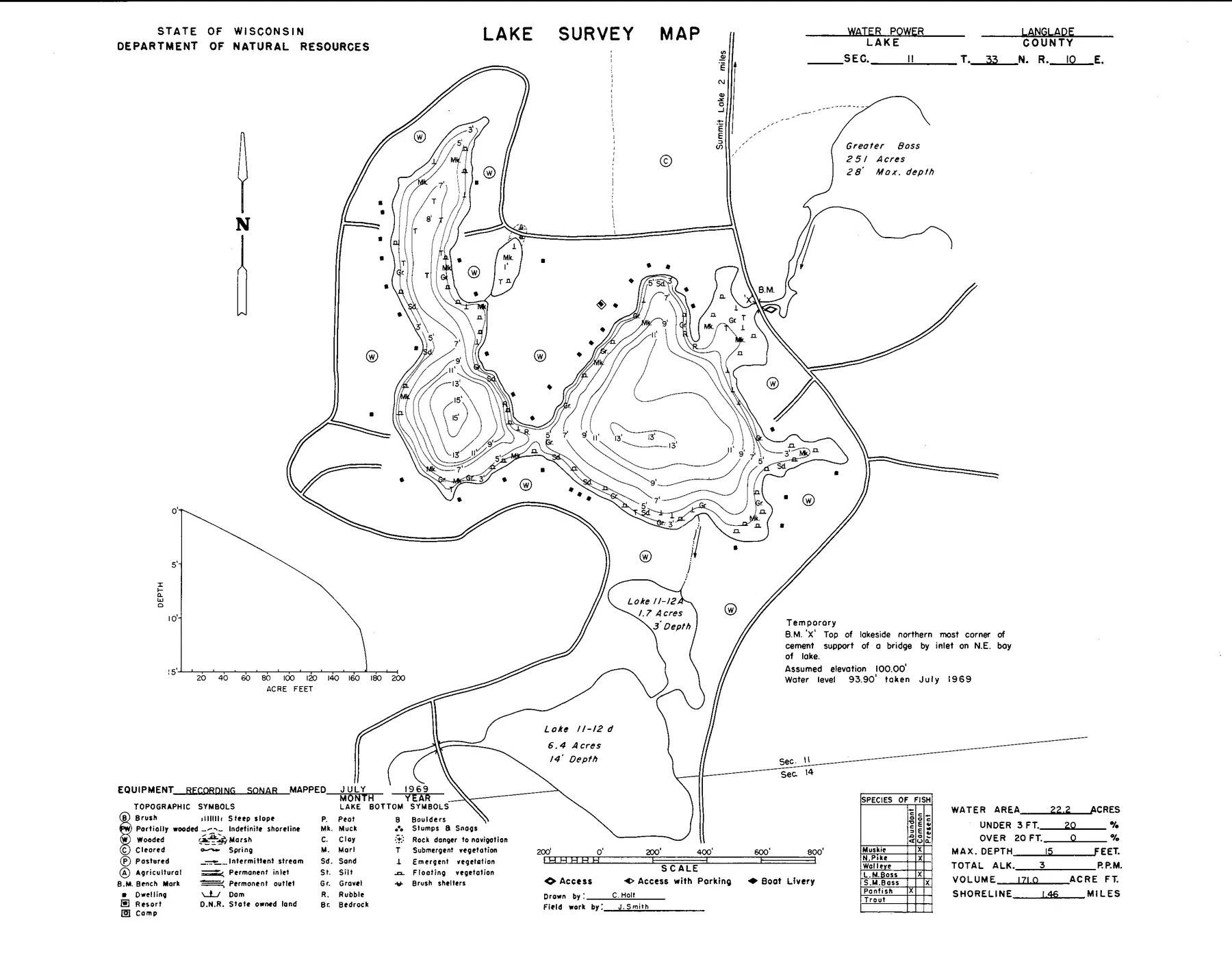 Water Power Lake historical Wisconsin DNR depth map sheet 1