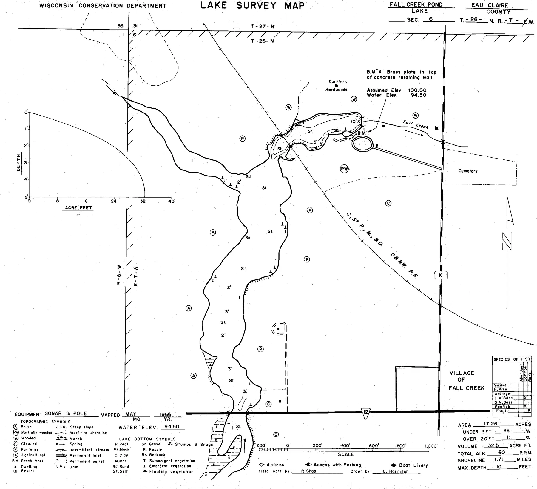 Fall Creek Pond historical Wisconsin DNR depth map sheet 1