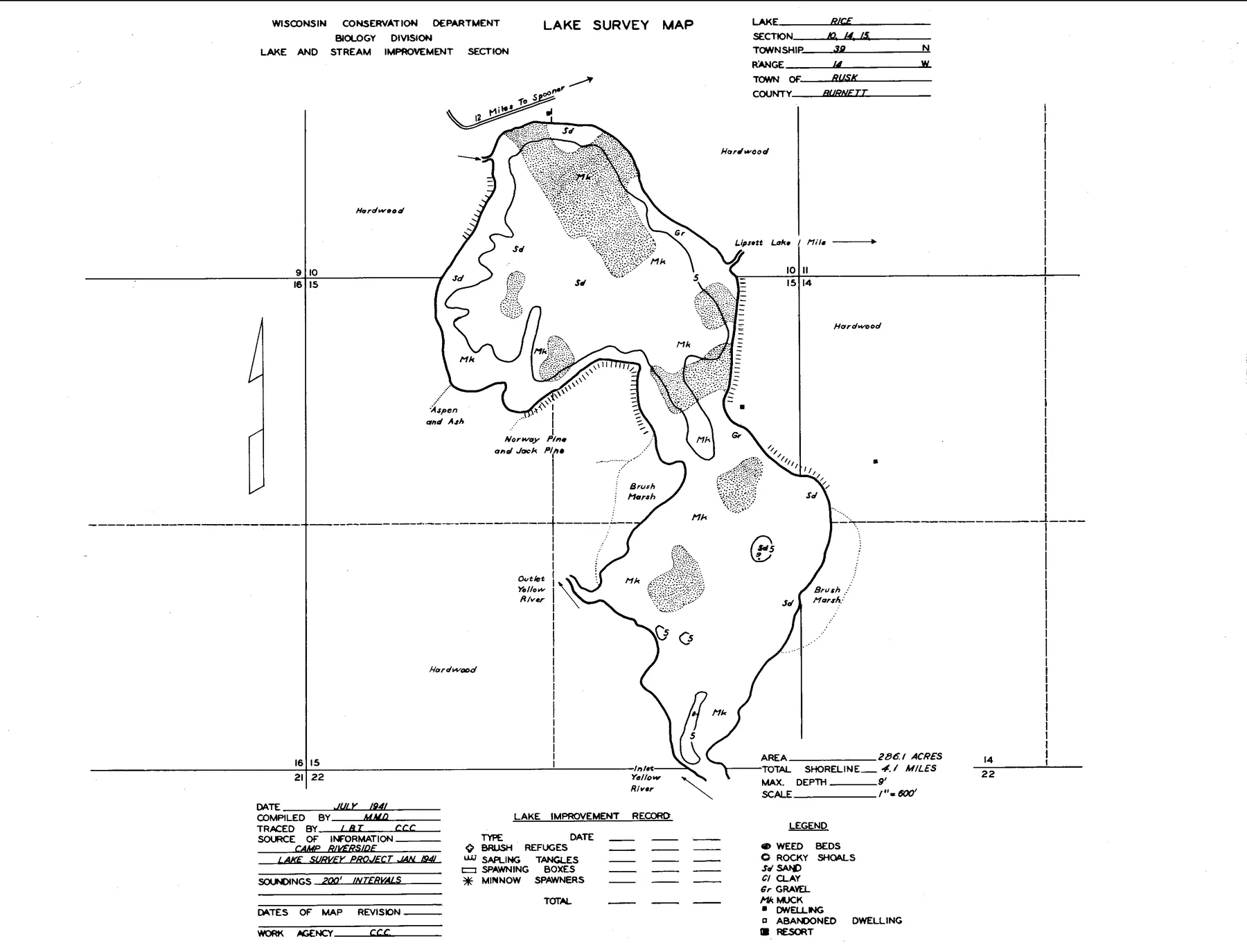 Rice Lake historical Wisconsin DNR depth map sheet 1