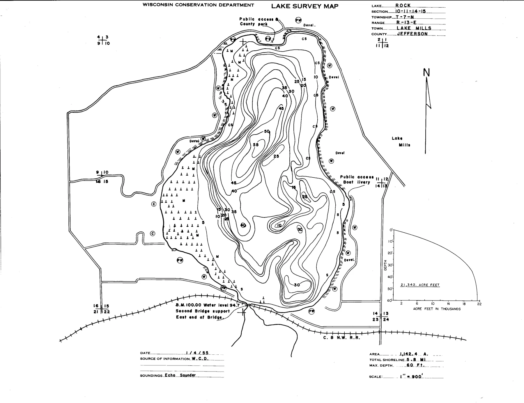 Rock Lake historical Wisconsin DNR depth map sheet 1