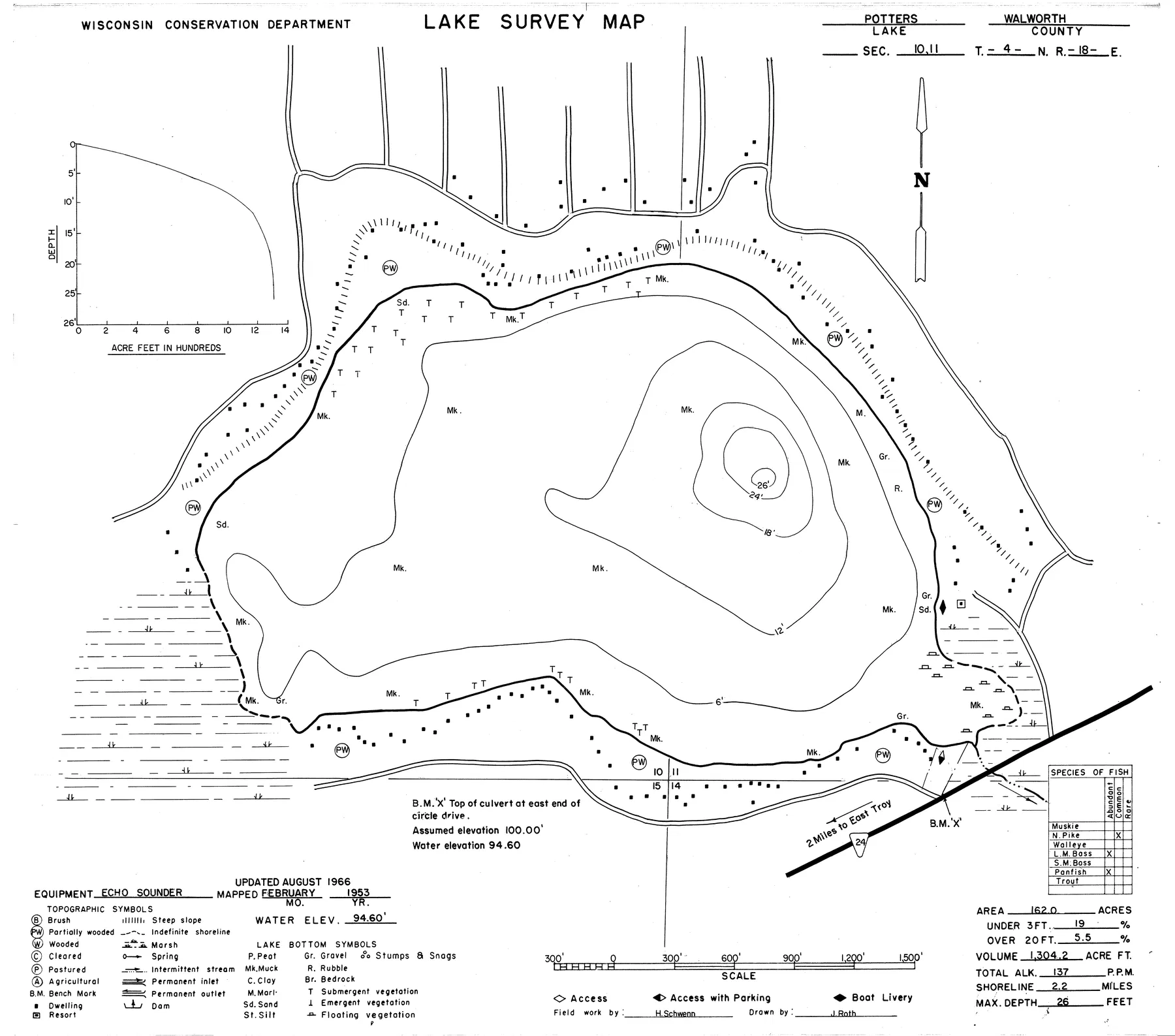 Potter Lake historical Wisconsin DNR depth map sheet 1