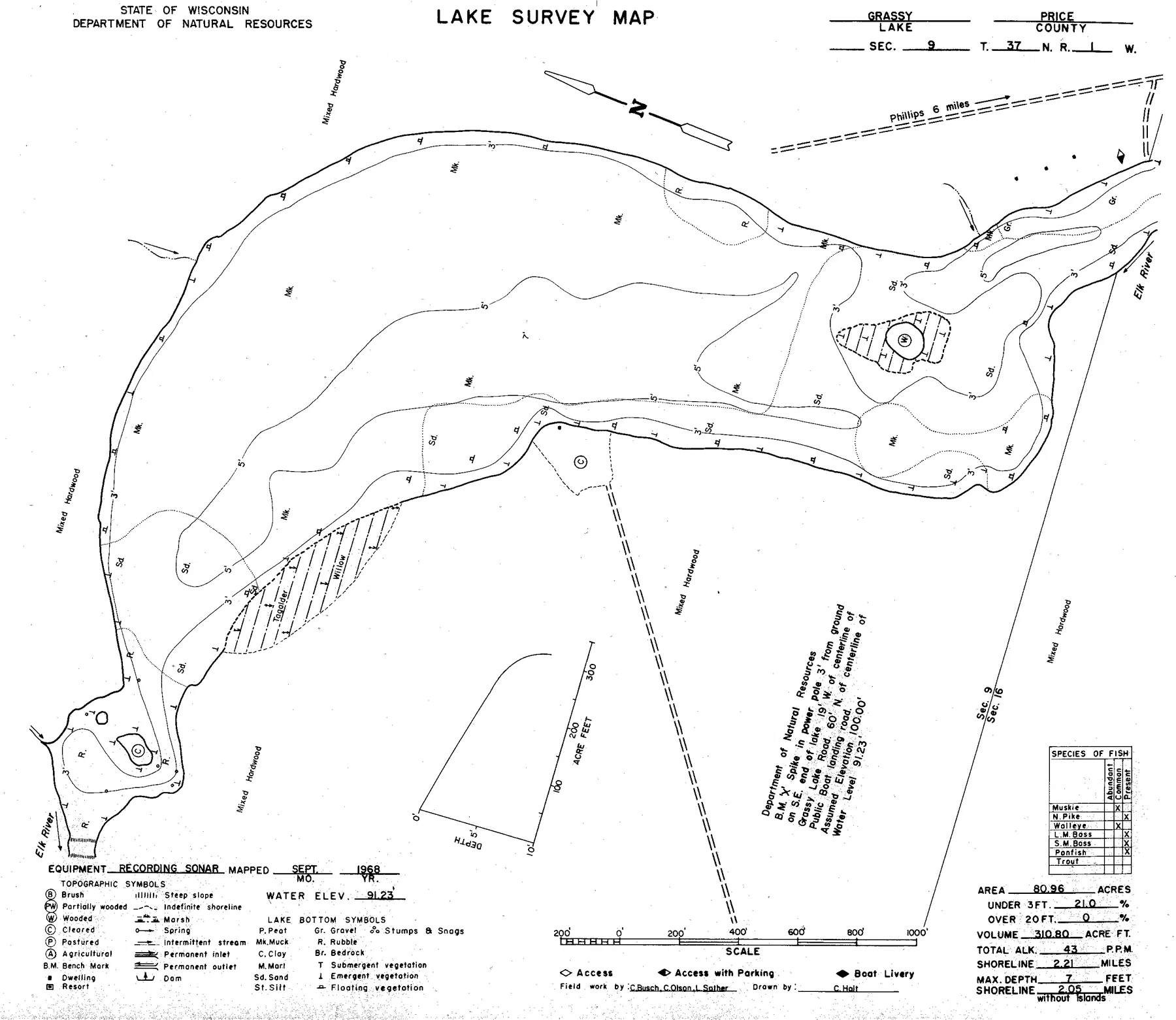 Grassy Lake historical Wisconsin DNR depth map sheet 1