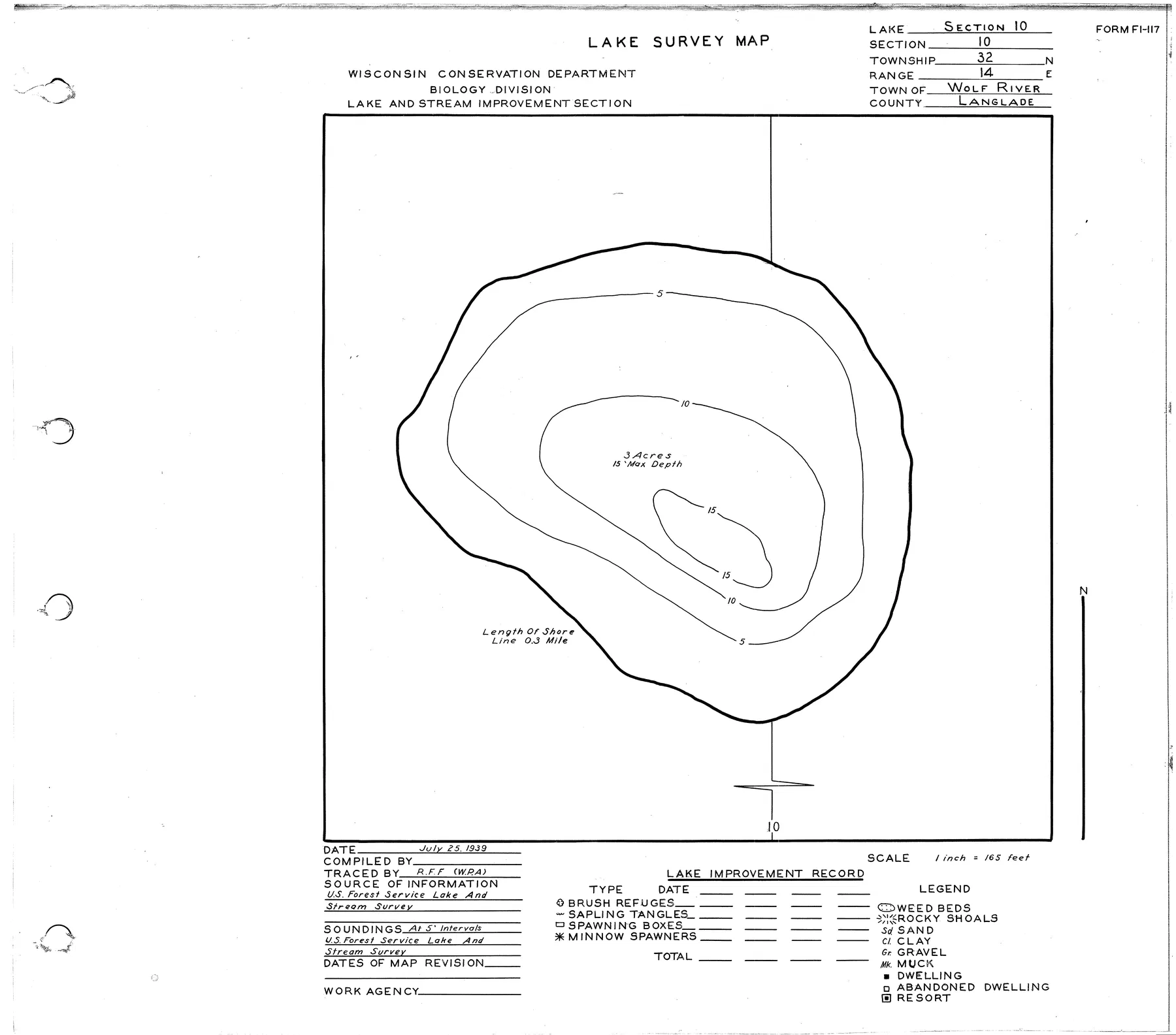 Section Ten Lake historical Wisconsin DNR depth map sheet 1