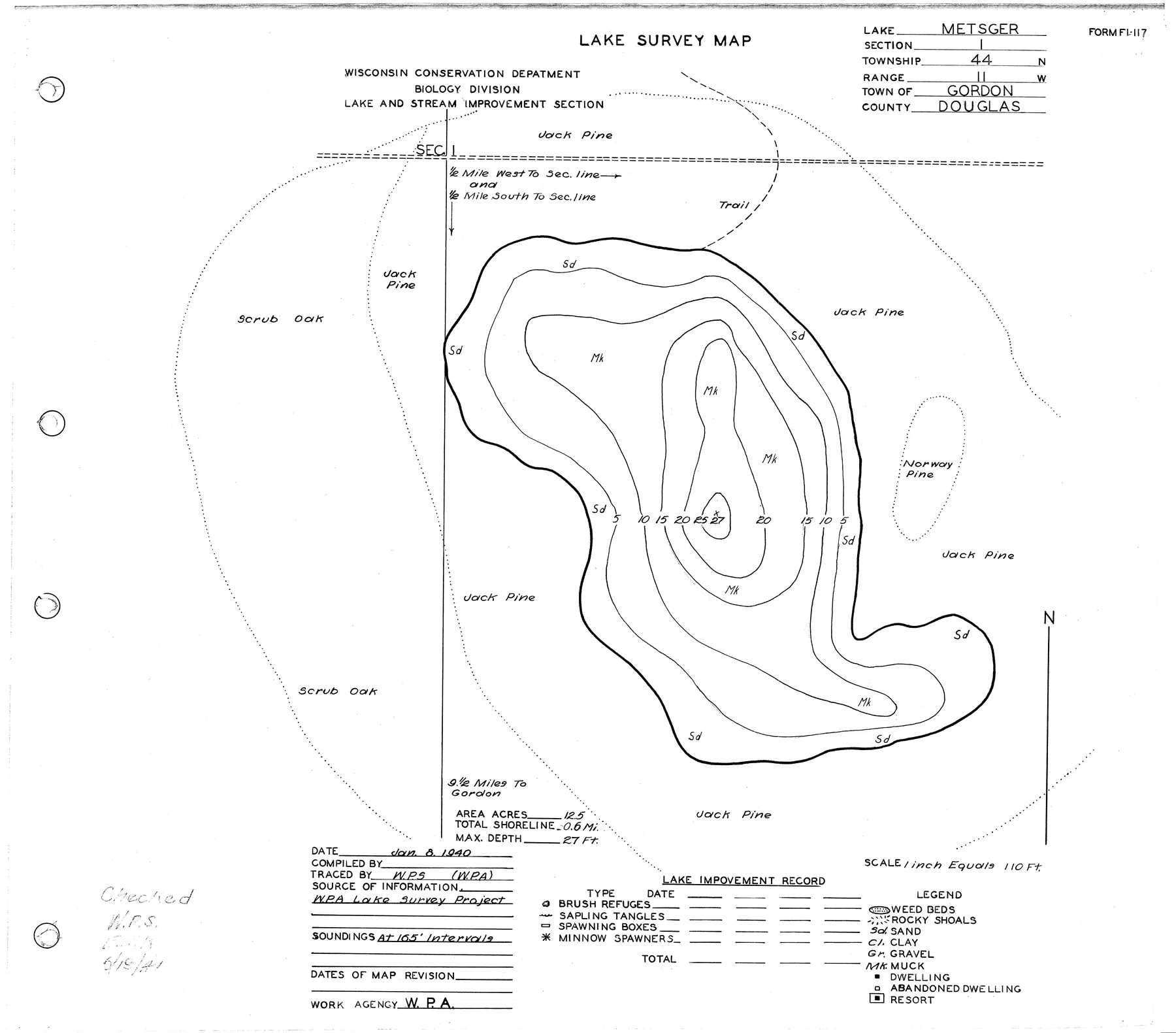 Metzger Lake historical Wisconsin DNR depth map sheet 1