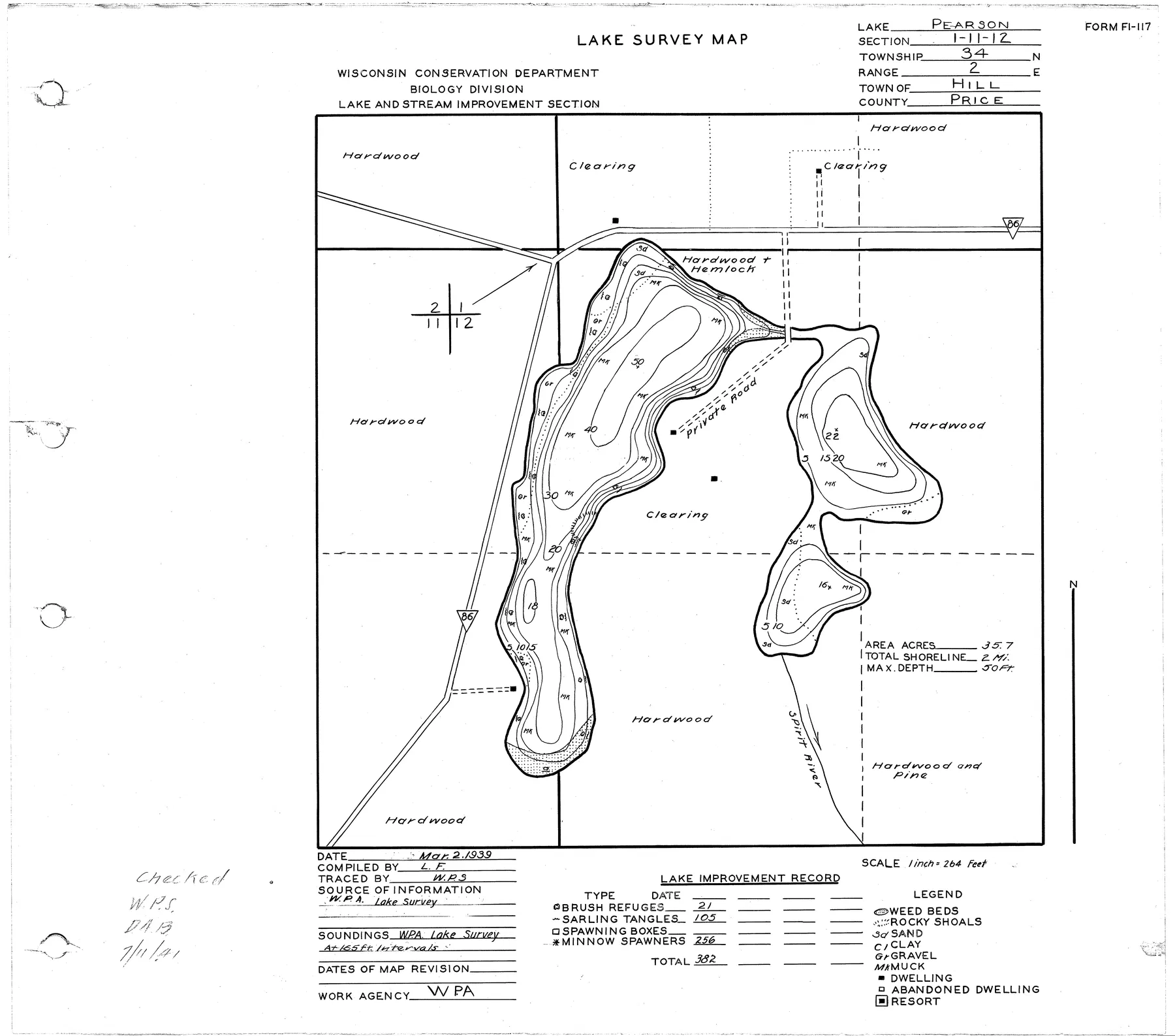 Pearson Lake historical Wisconsin DNR depth map sheet 1