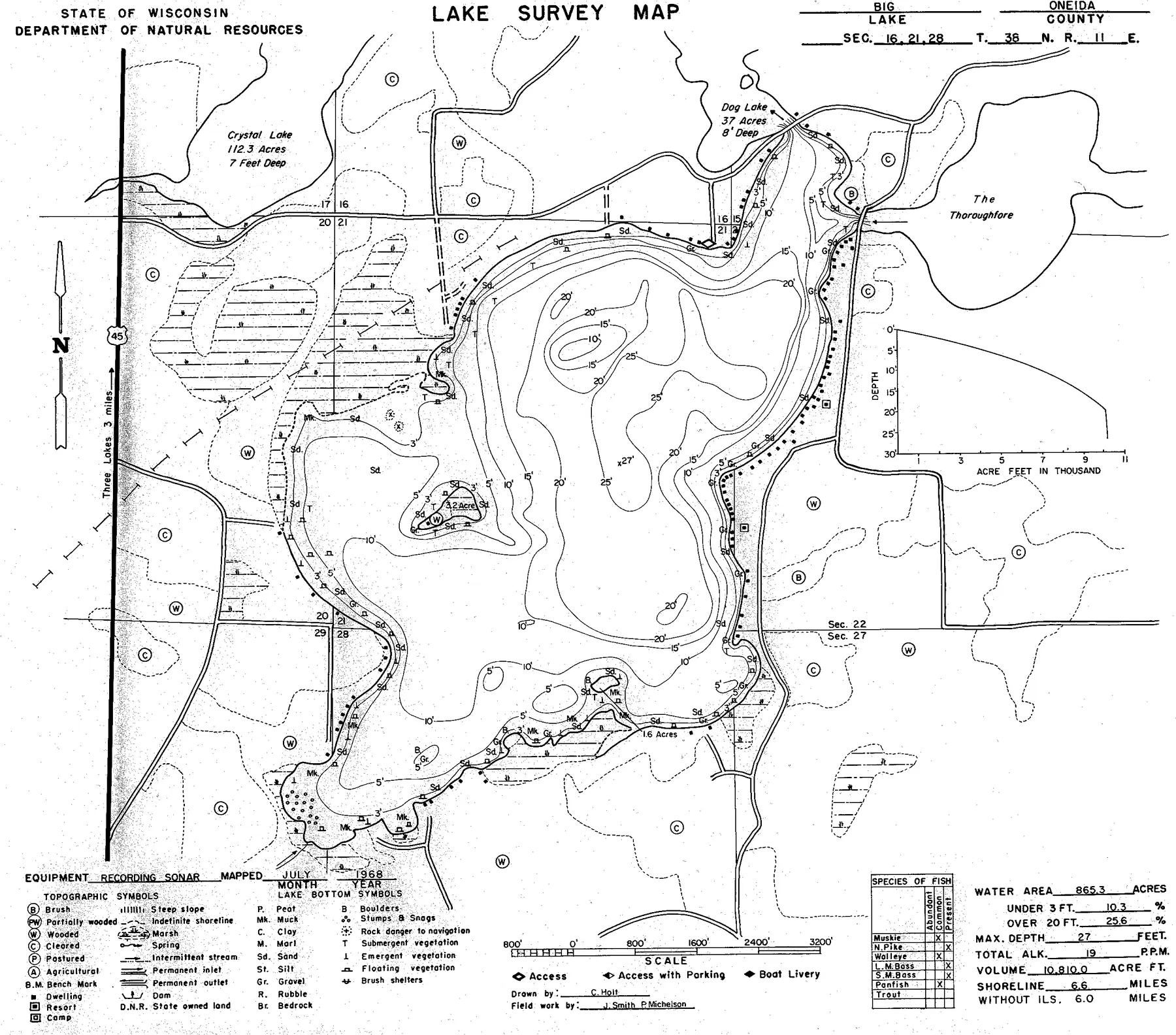 Big Lake historical Wisconsin DNR depth map sheet 1