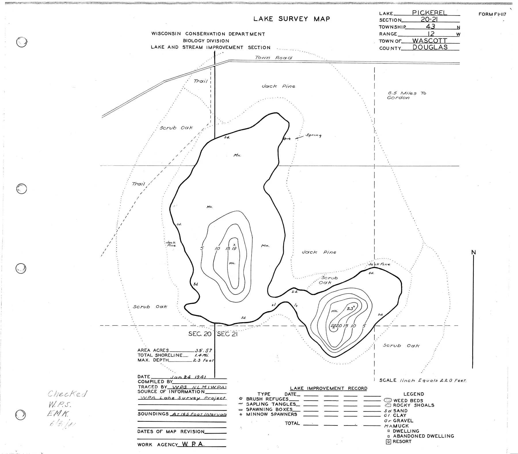 Pickerel Lake historical Wisconsin DNR depth map sheet 1