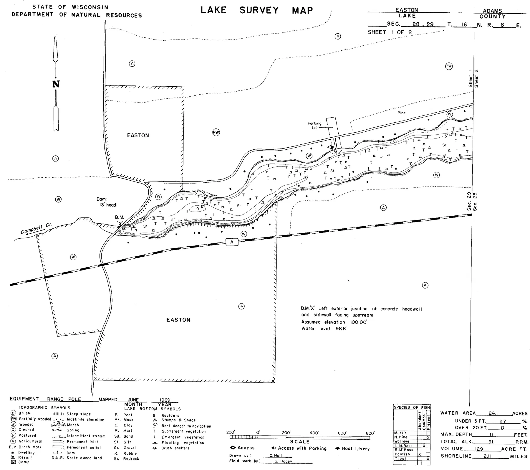 Easton Lake historical Wisconsin DNR depth map sheet 1