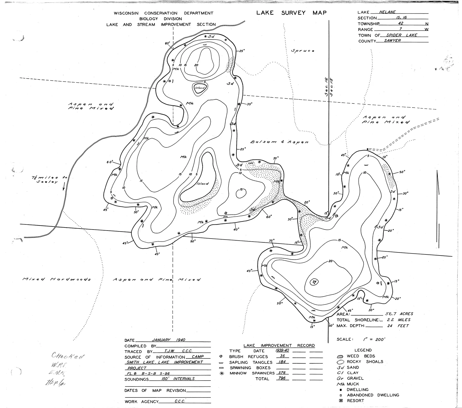 Lake Helane historical Wisconsin DNR depth map sheet 1