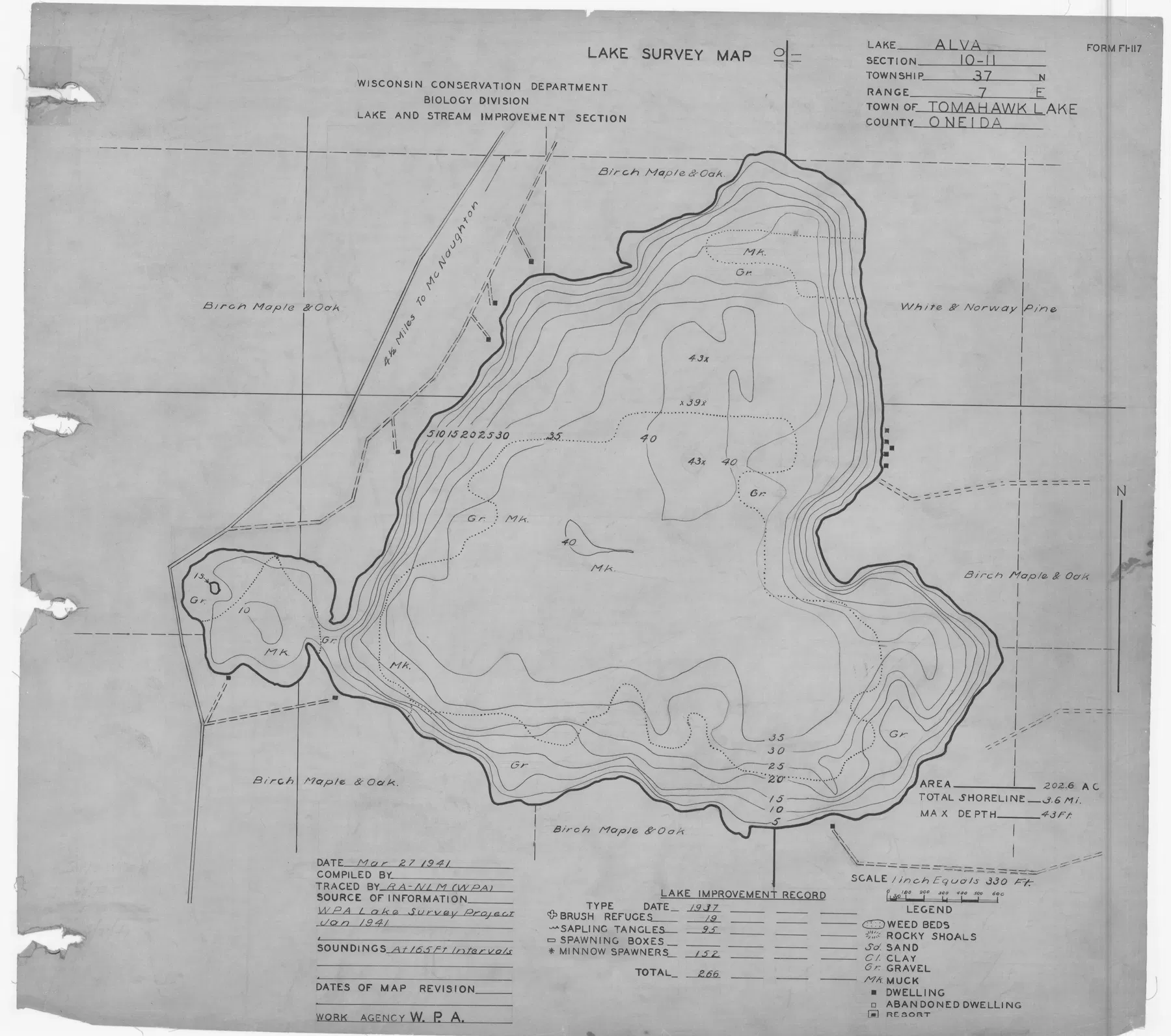Alva Lake historical Wisconsin DNR depth map sheet 1