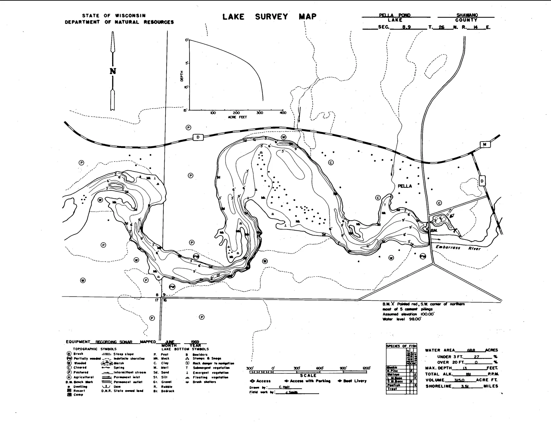 Pella Pond historical Wisconsin DNR depth map sheet 1