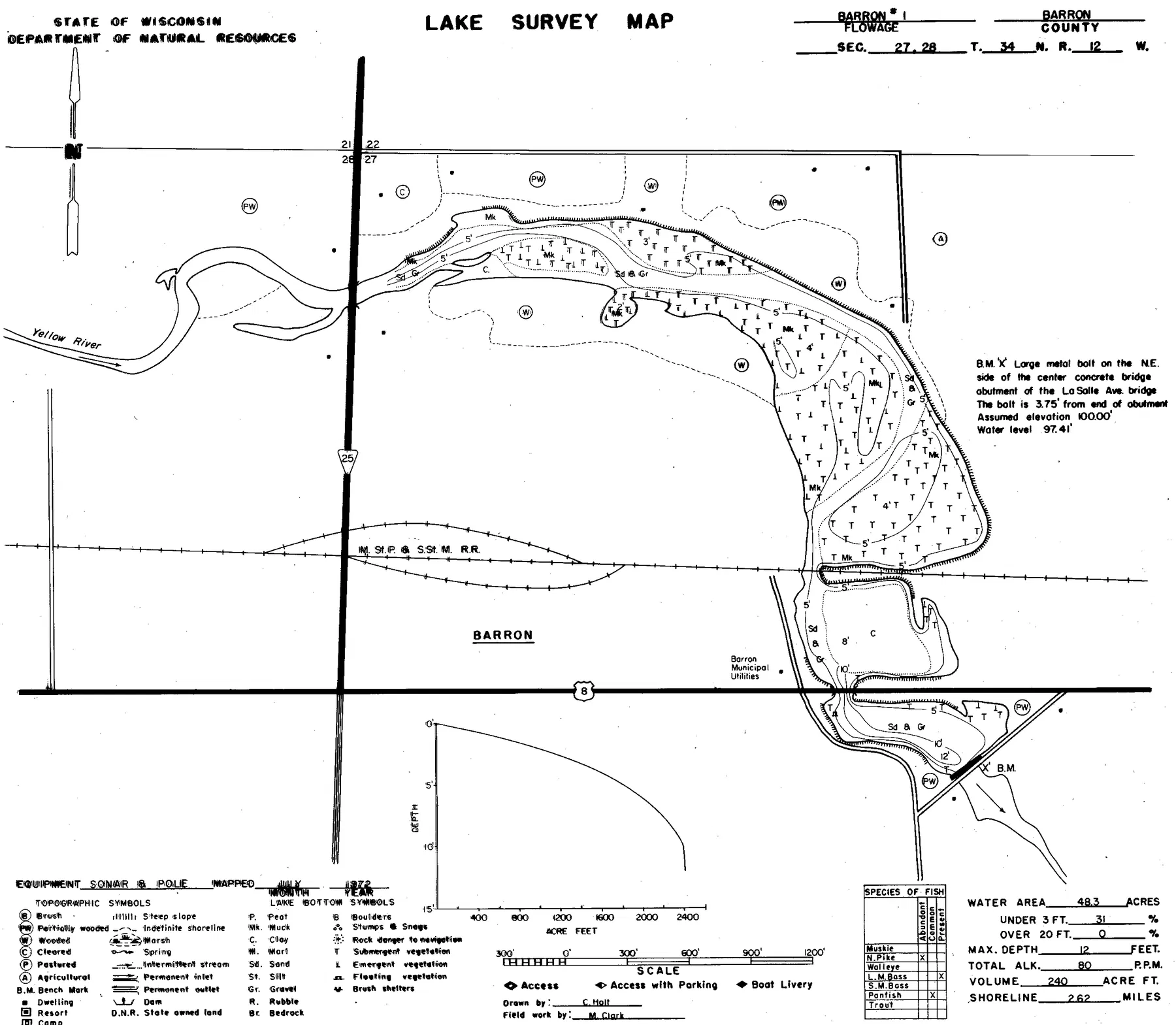 Barron Flowage No. 1 historical Wisconsin DNR depth map sheet 1