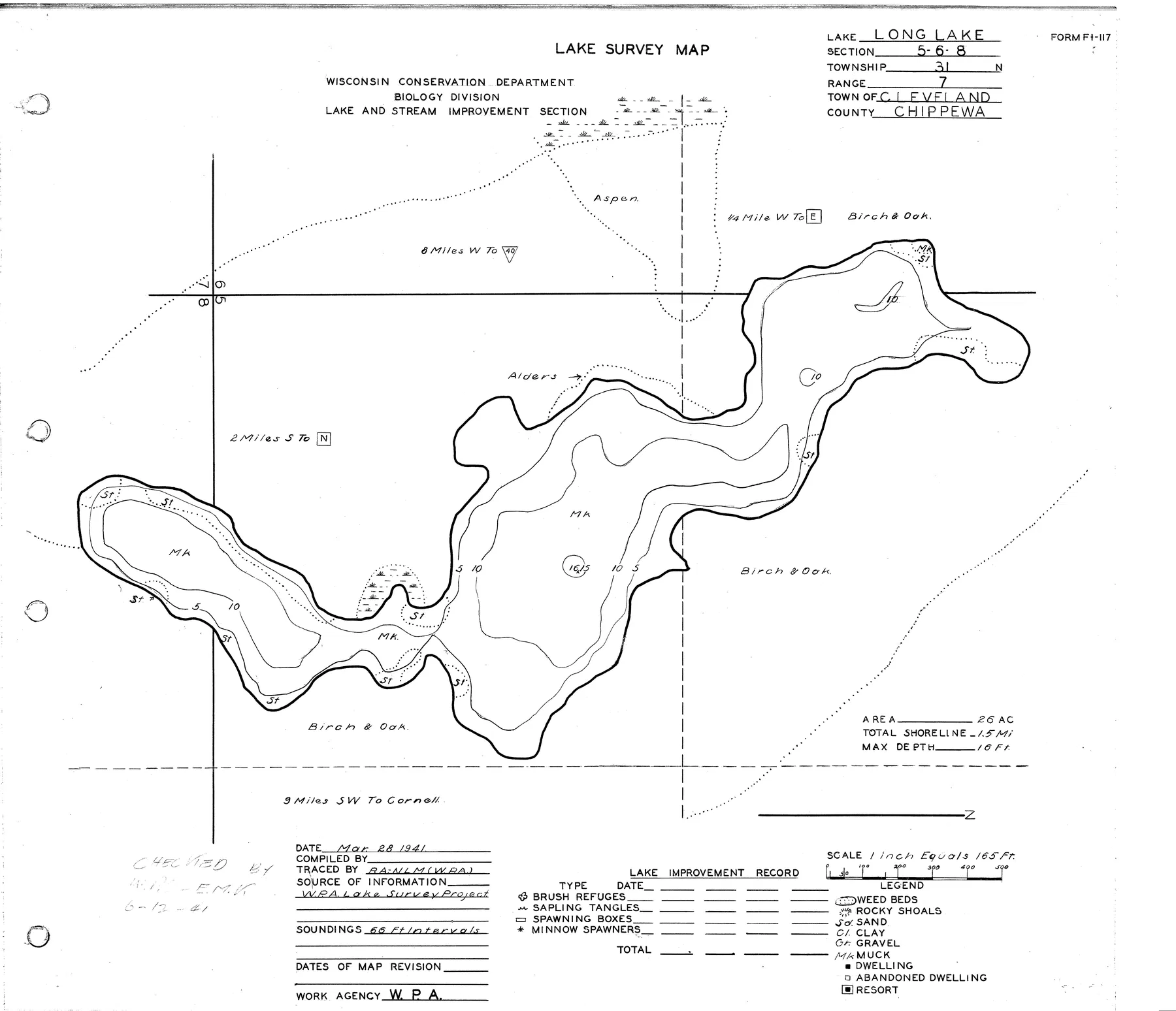 Long Lake historical Wisconsin DNR depth map sheet 1