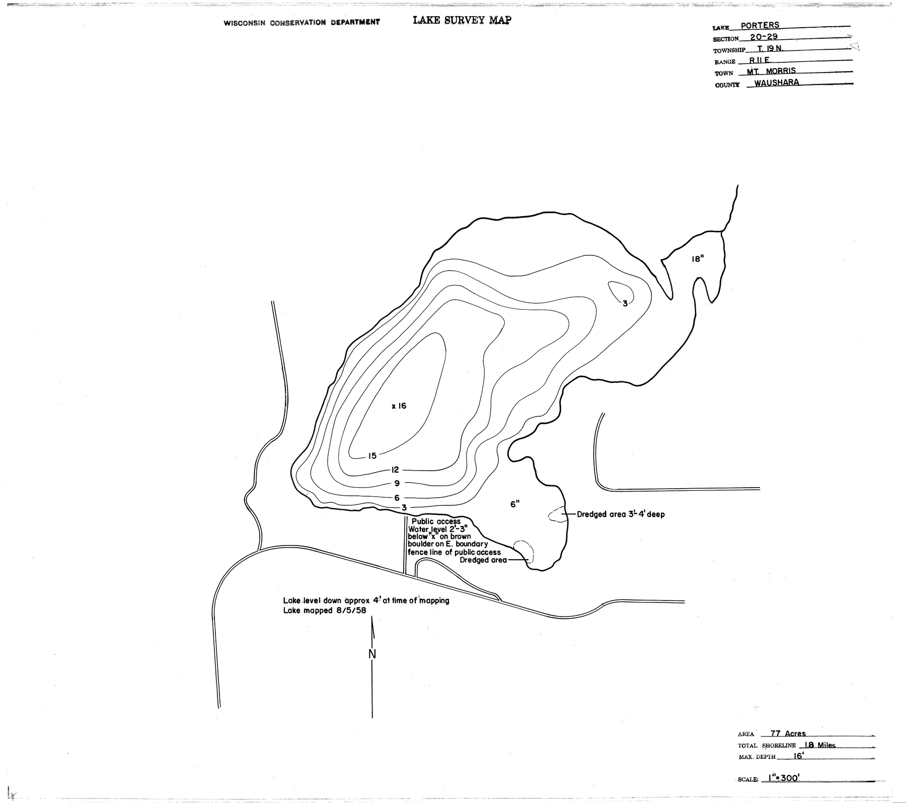 Porters Lake historical Wisconsin DNR depth map sheet 1