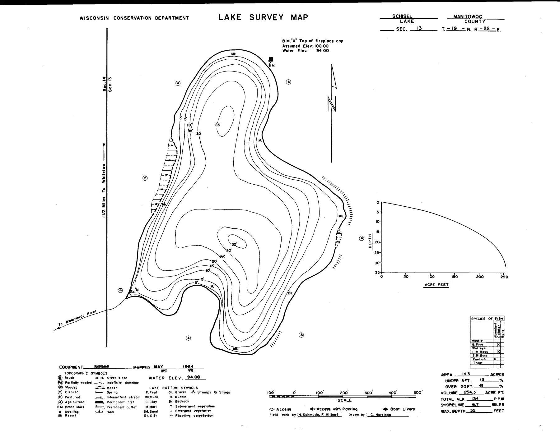 Schisel Lake historical Wisconsin DNR depth map sheet 1