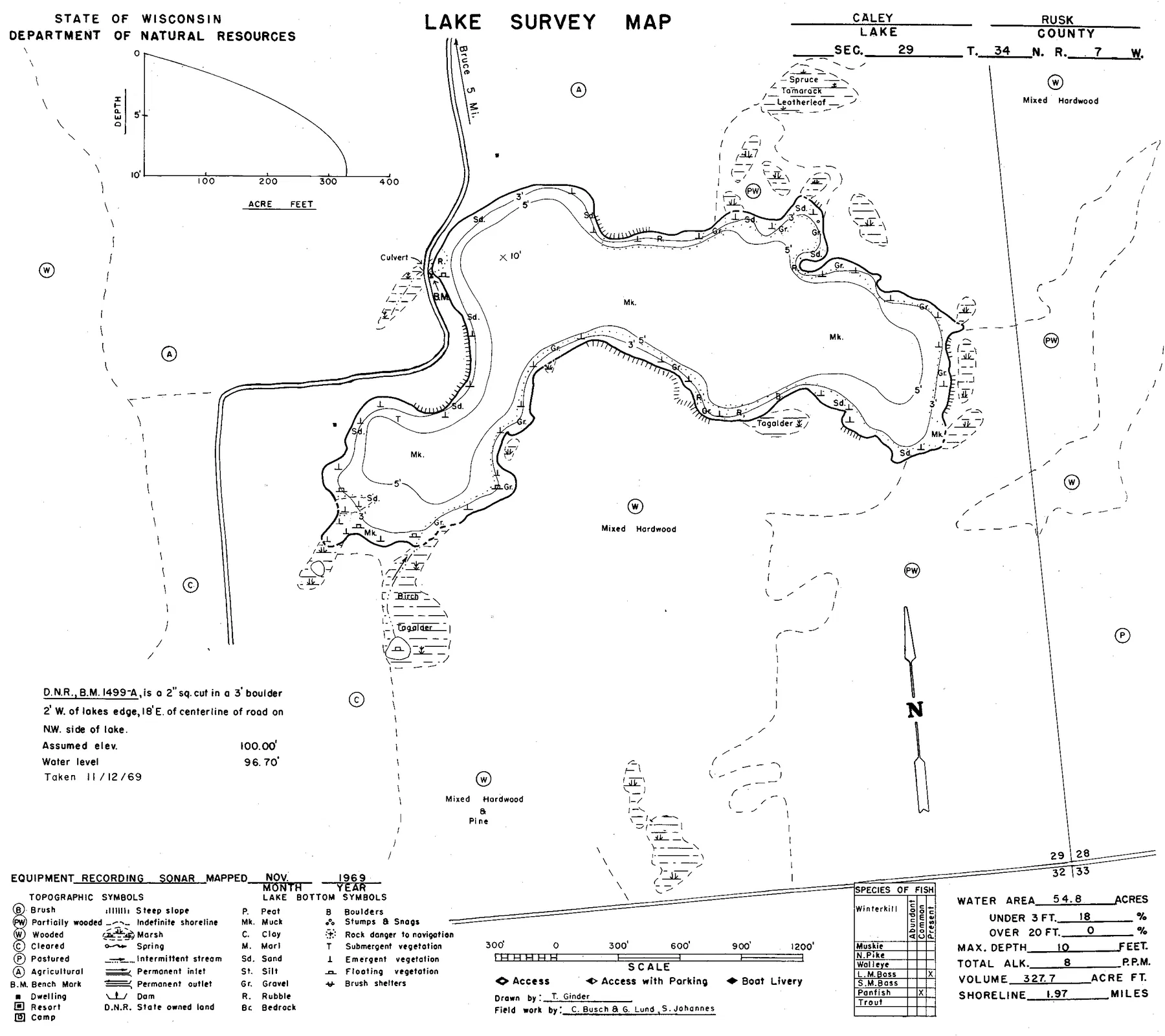 Caley Lake historical Wisconsin DNR depth map sheet 1