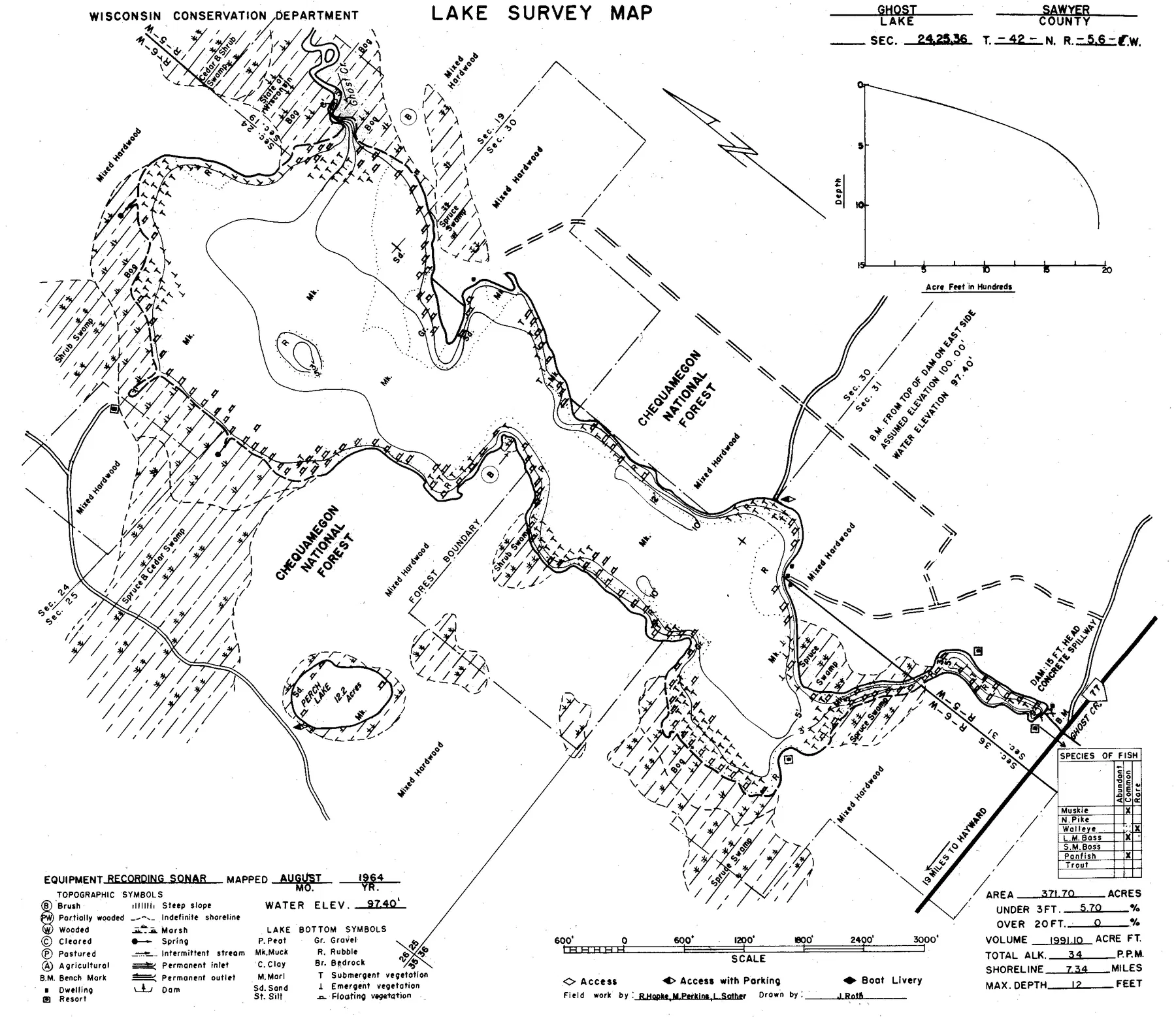 Ghost Lake historical Wisconsin DNR depth map sheet 1