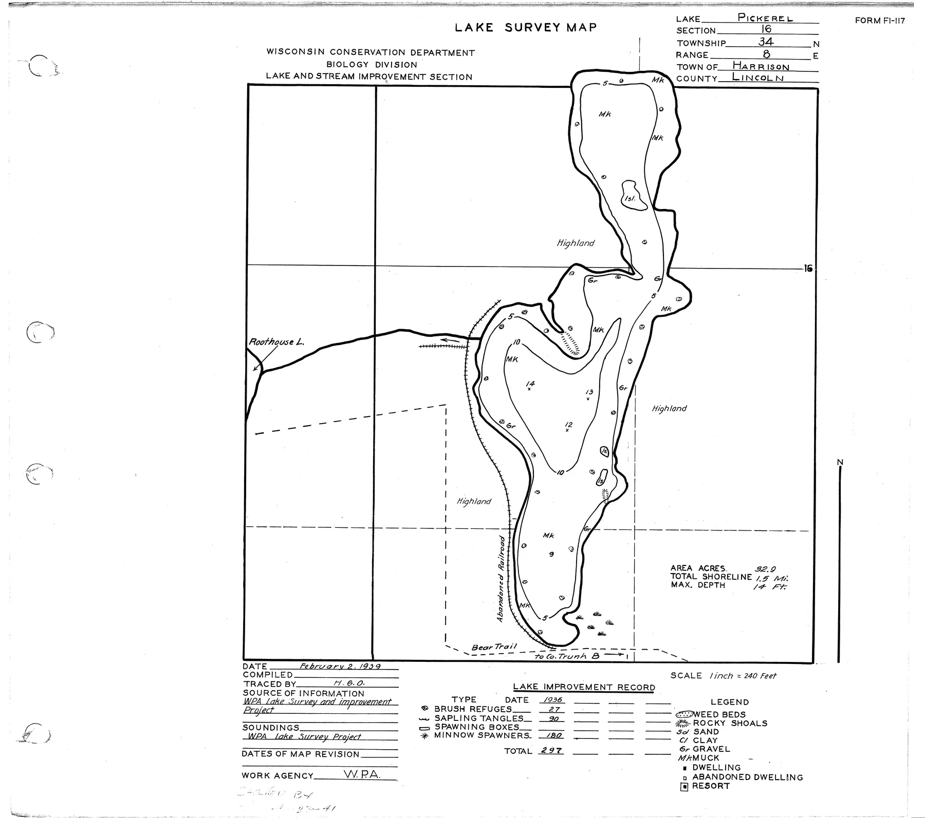Pickerel Lake historical Wisconsin DNR depth map sheet 1