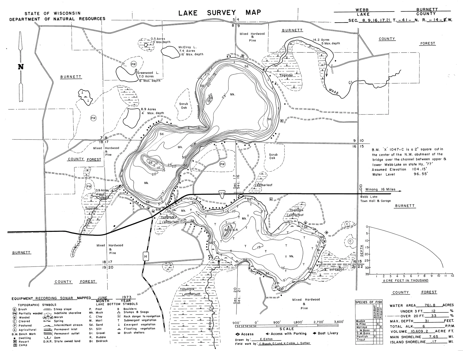 Webb Lake historical Wisconsin DNR depth map sheet 1