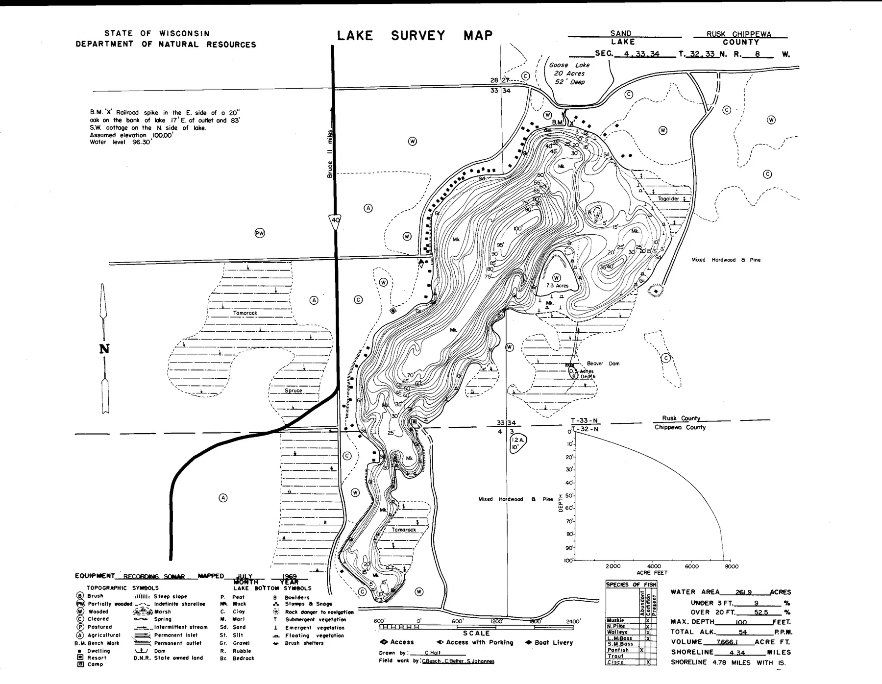 Sand Lake historical Wisconsin DNR depth map sheet 1