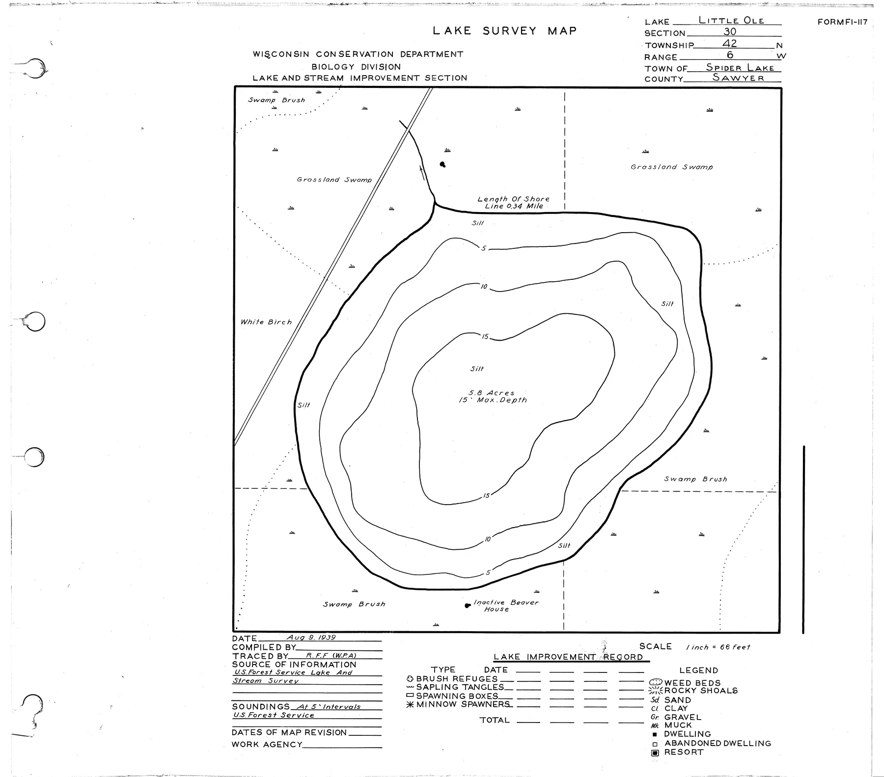 Little Ole Lake historical Wisconsin DNR depth map sheet 1