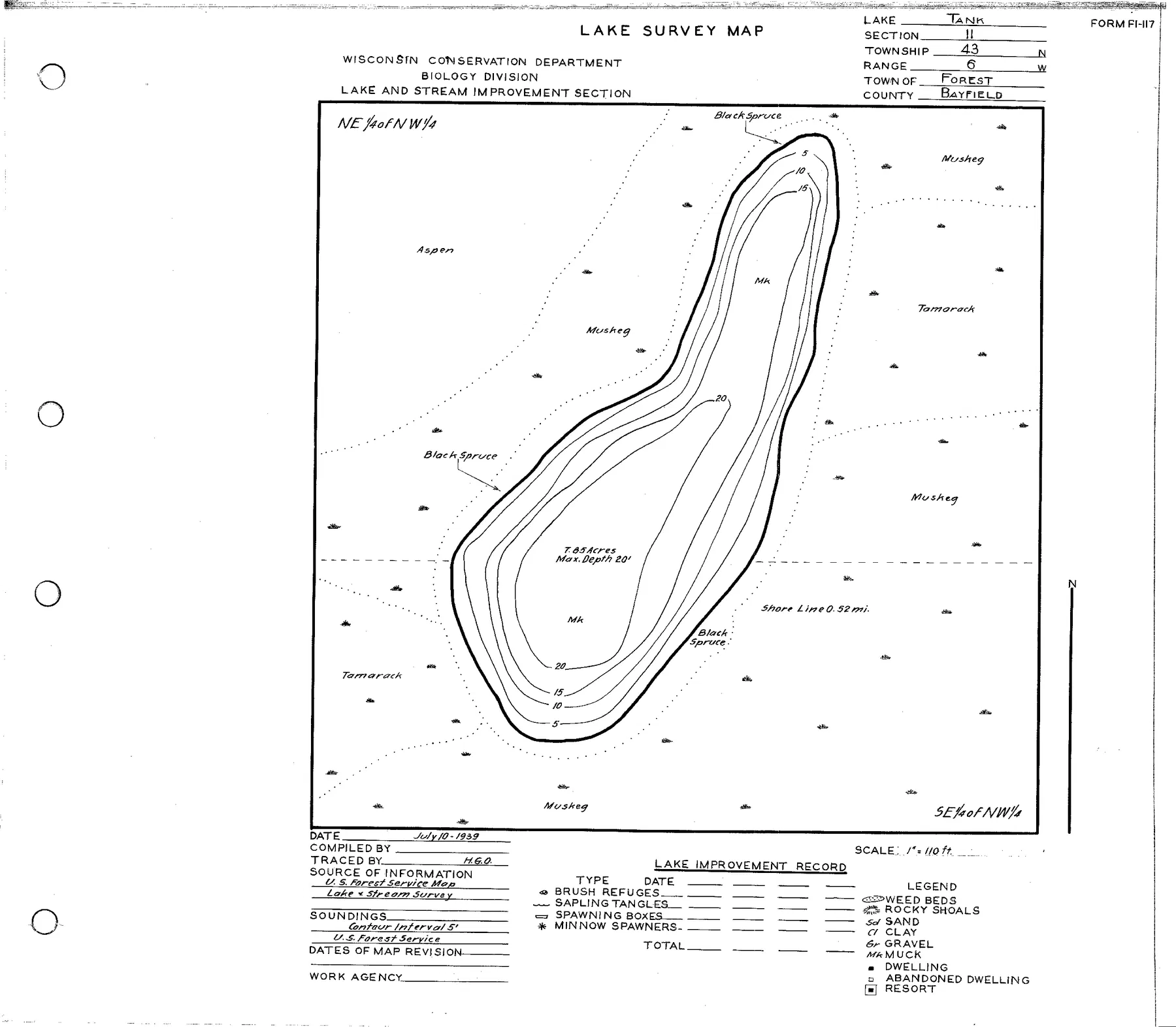 Tank Lake historical Wisconsin DNR depth map sheet 1