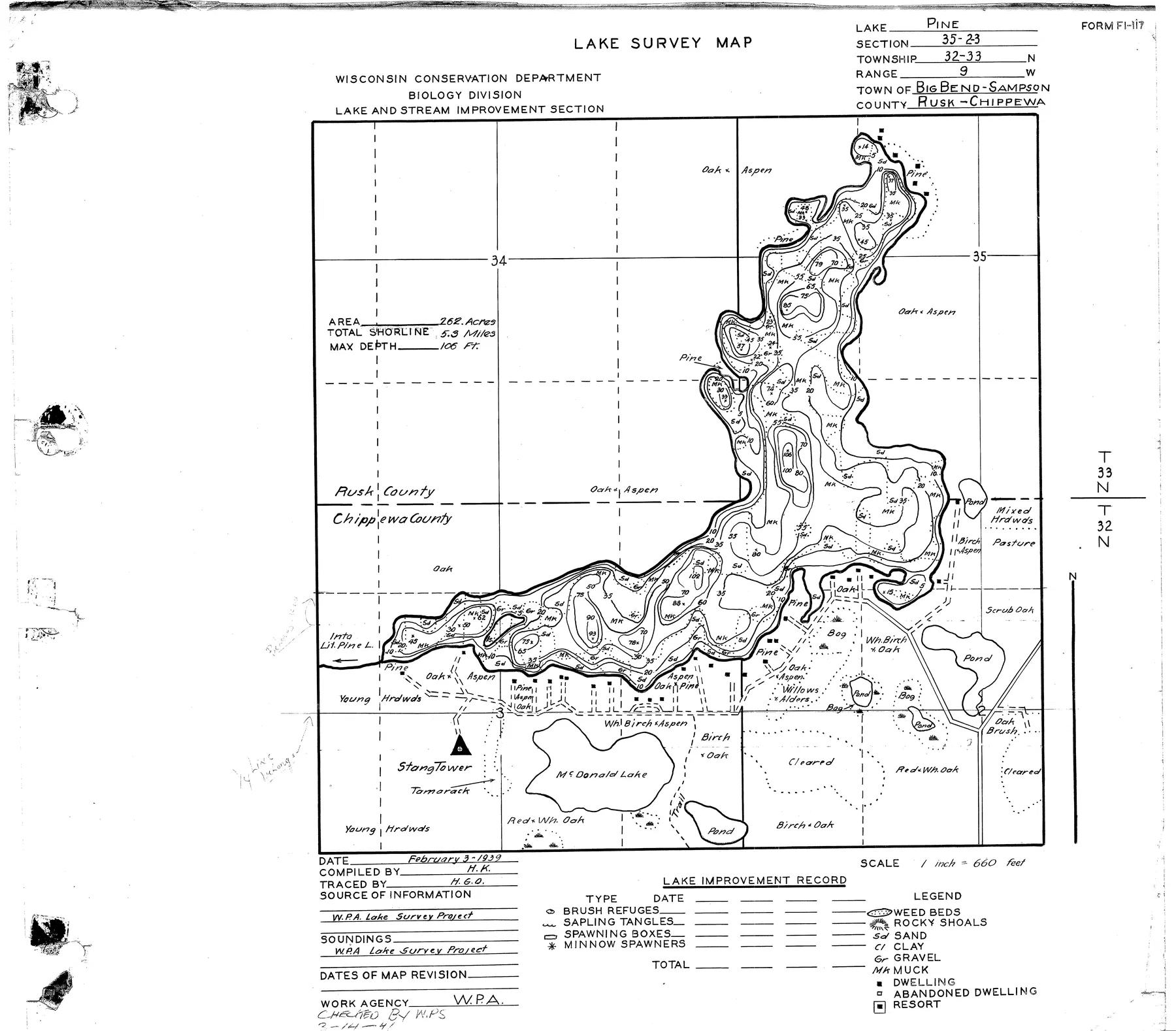Pine Lake historical Wisconsin DNR depth map sheet 1