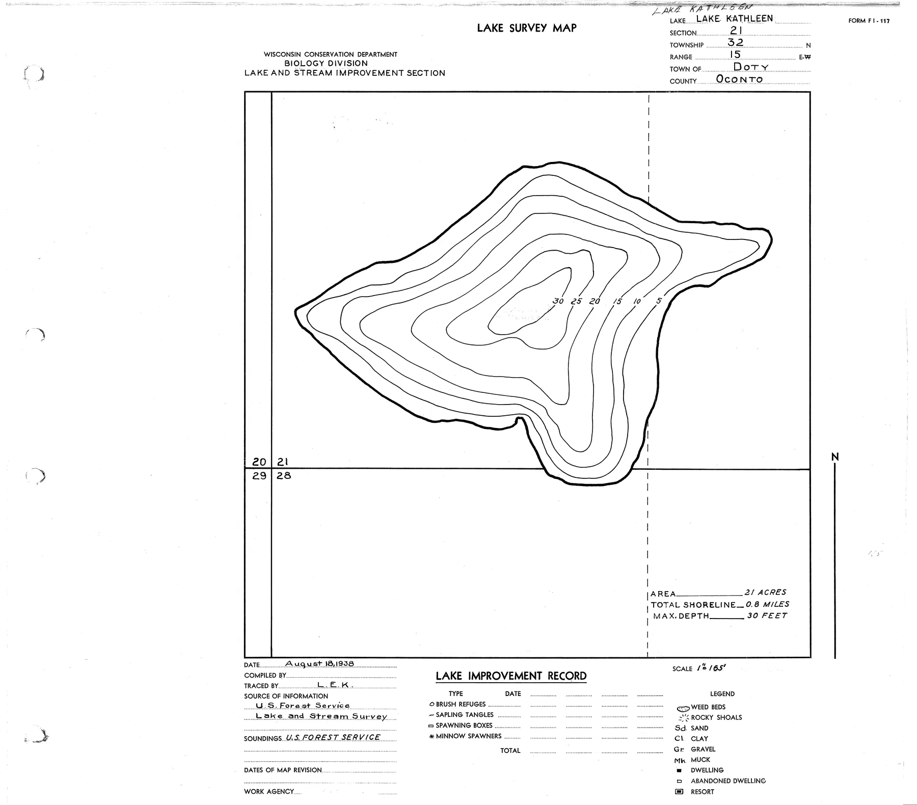 Lake Kathleen historical Wisconsin DNR depth map sheet 1