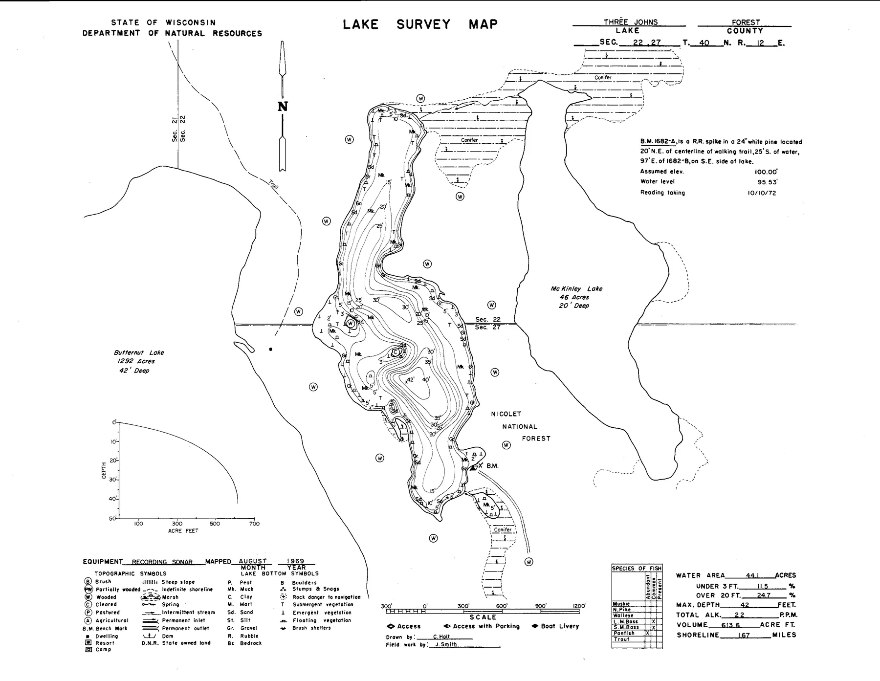 Three Johns Lake historical Wisconsin DNR depth map sheet 1